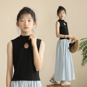 日系 圆圈镂空T恤/ 天蓝色裙裤 Slim-Fit Top/ Culottes in Sky Blue