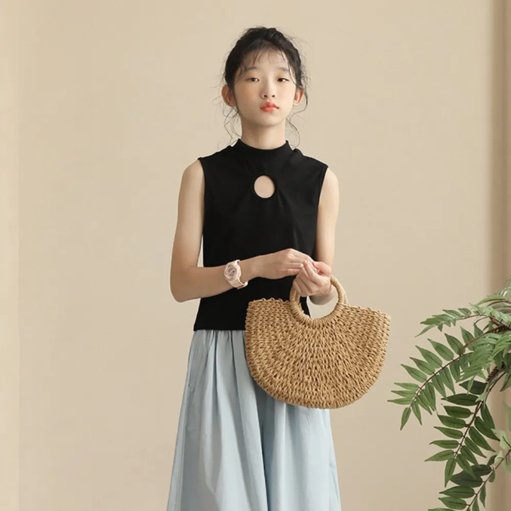 日系 圆圈镂空T恤/ 天蓝色裙裤 Slim-Fit Top/ Culottes in Sky Blue