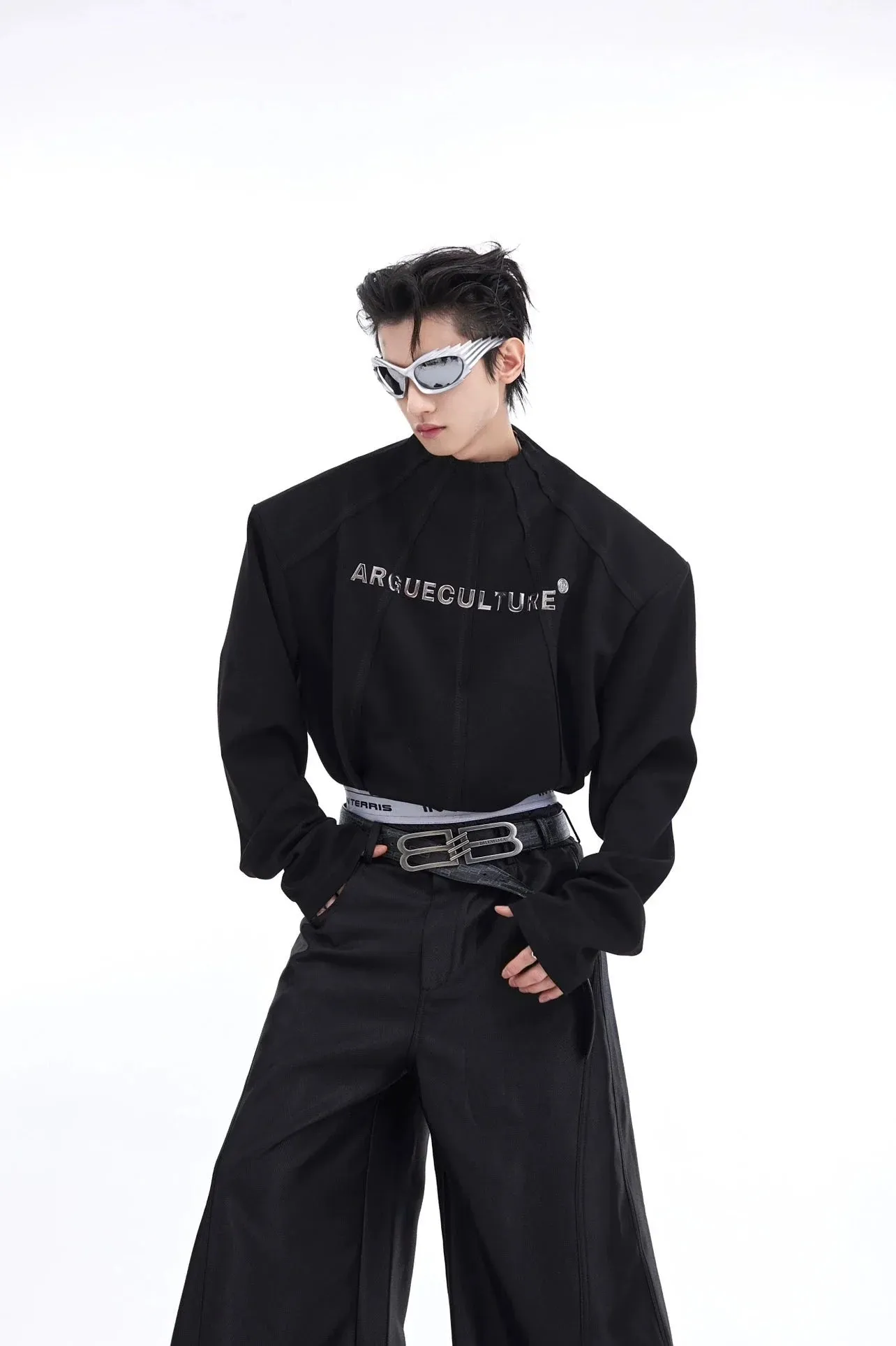 3D Line Padded Shoulder Long Sleeve T-Shirt with Metallic Print Sweatshirt