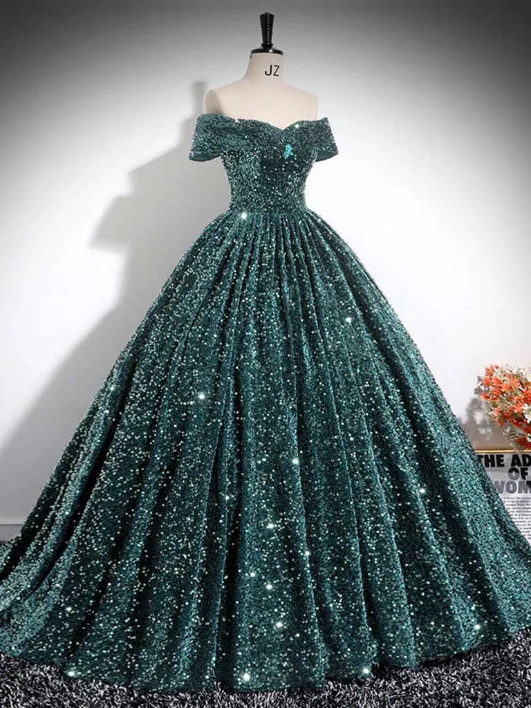 A-Line Off Shoulder Velvet Sequin Green Long Prom Dress, Green Long Formal Dress