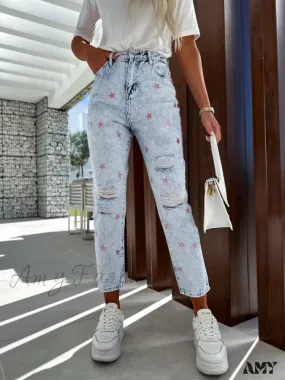 Amy Fashion - Casual Ripped Hole Women High Waist Fashion Denim 2024 Elegant Star Printed Streetwear Long Jean