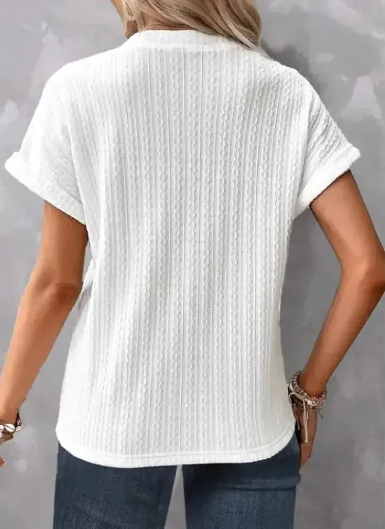 Batwing Sleeve Solid Color And V-neck Button T-shirt