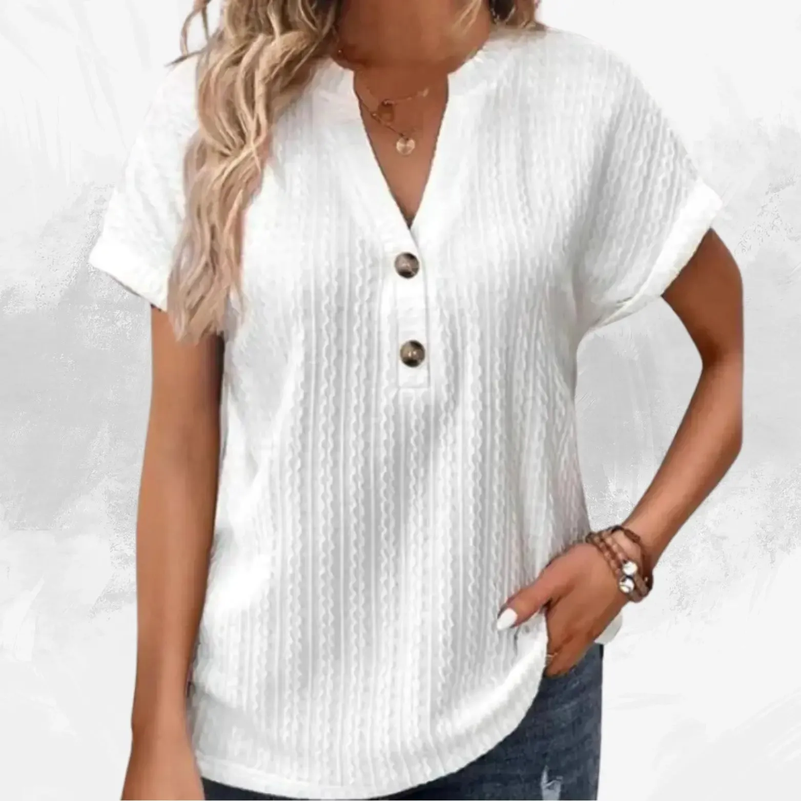 Batwing Sleeve Solid Color And V-neck Button T-shirt