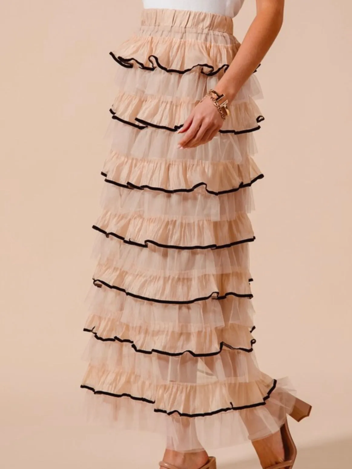 Beige layered ruffle tube tulle midi skirt