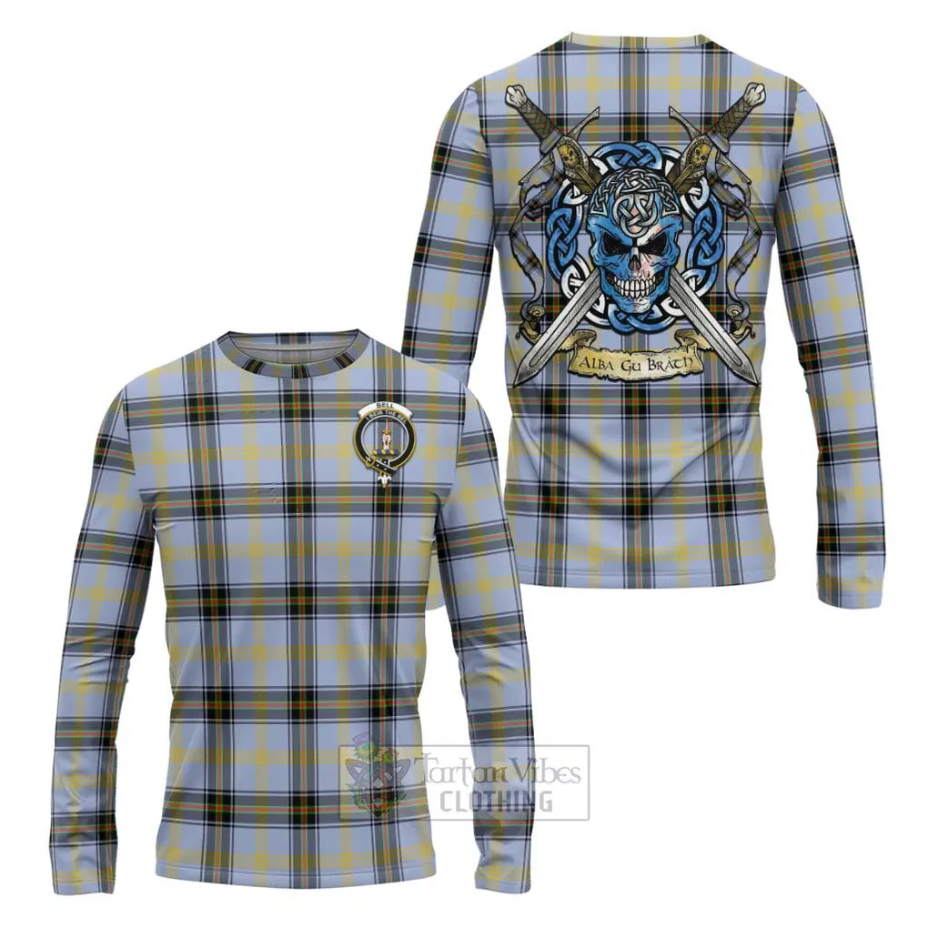 Bell Tartan Long Sleeve T-Shirt with Family Crest Celtic Skull Style