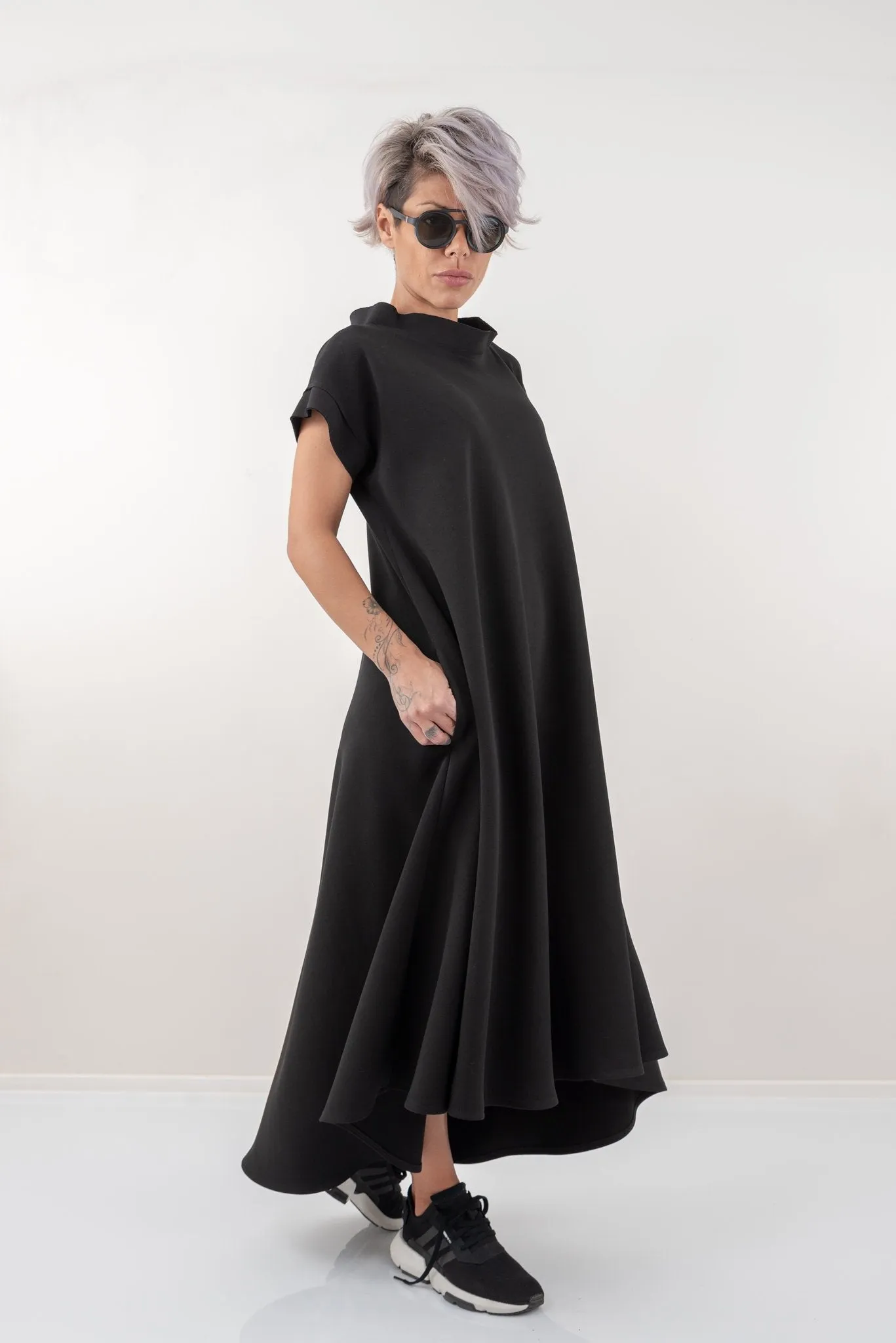 Black Maxi Kaftan Dress With Side Pockets