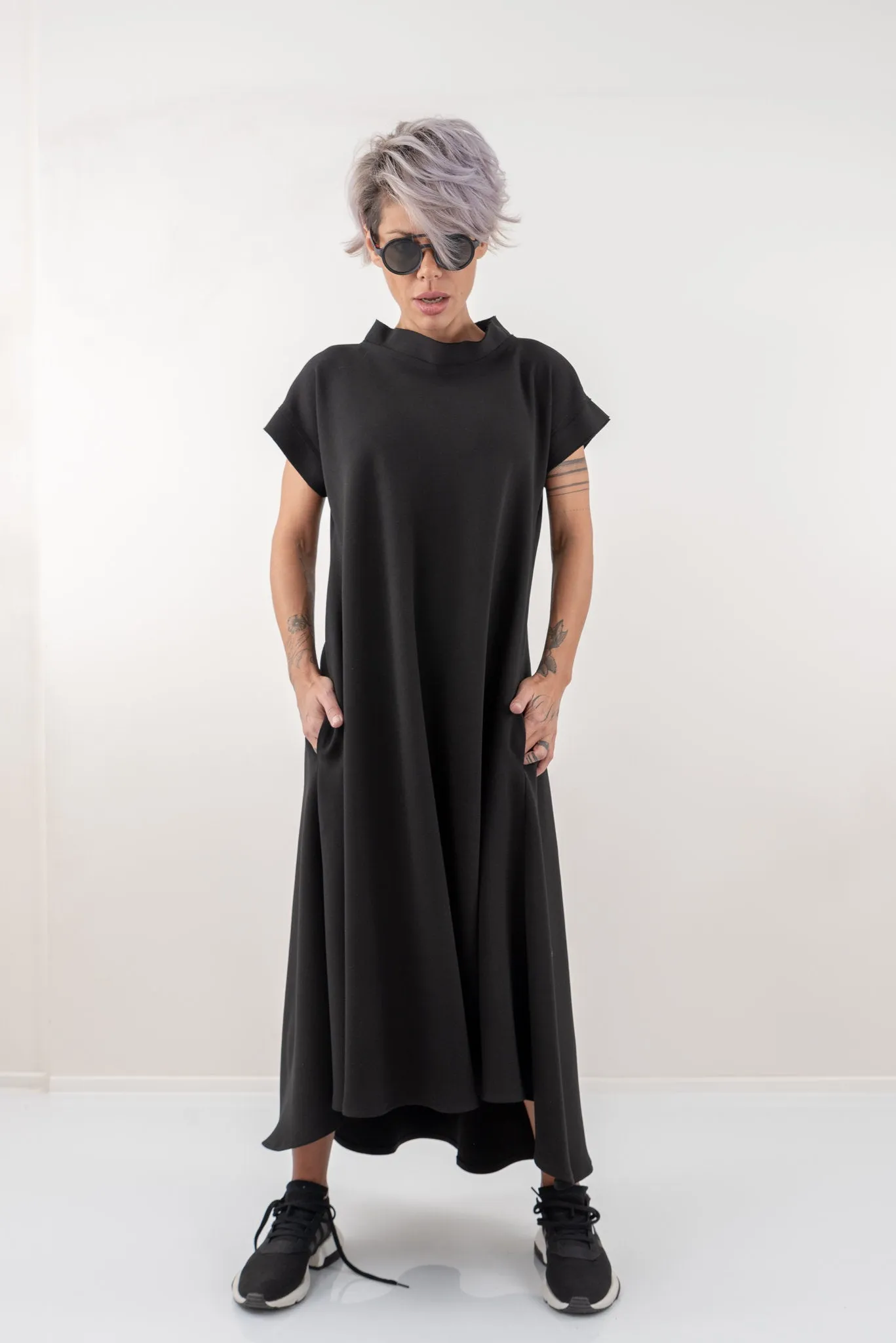 Black Maxi Kaftan Dress With Side Pockets