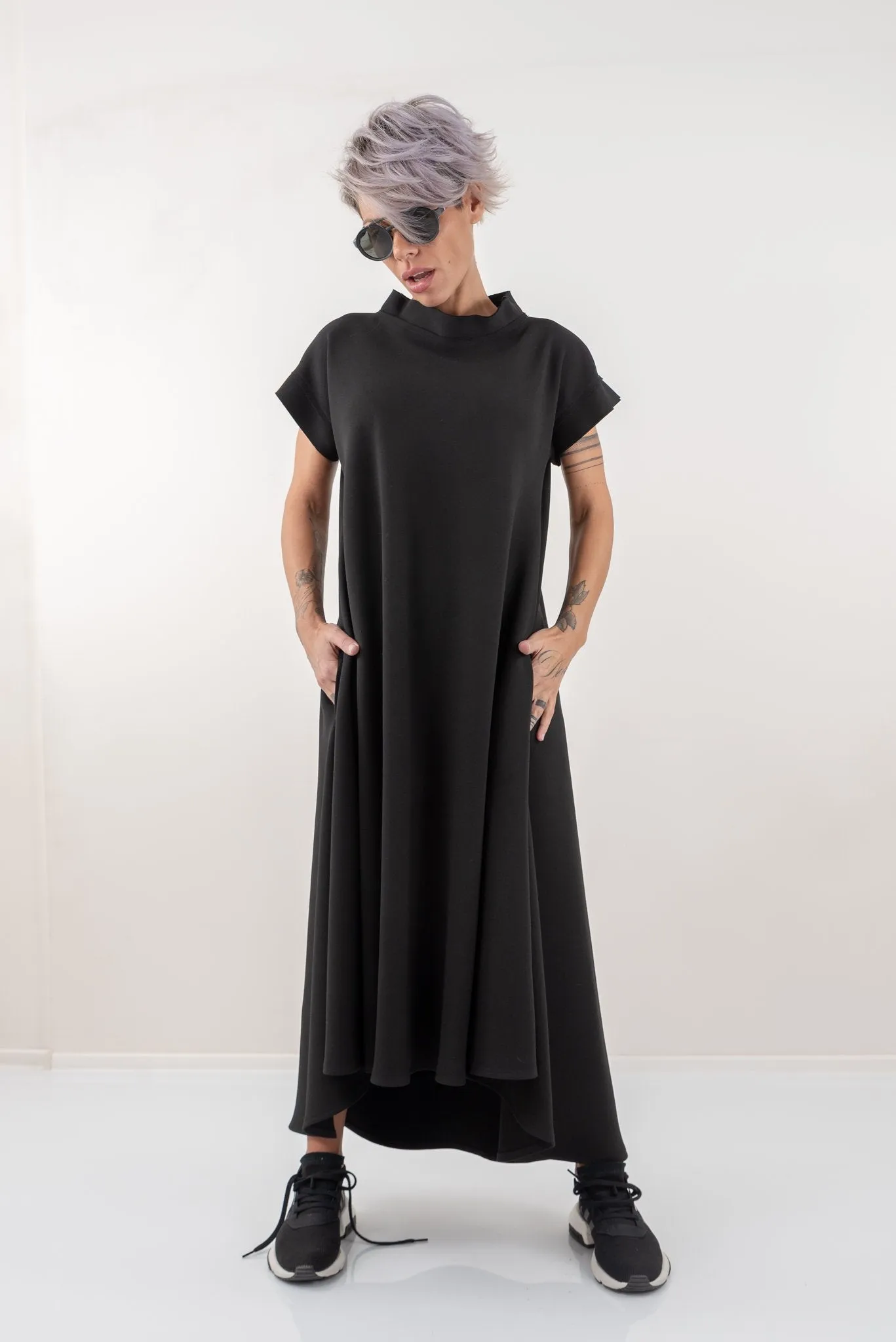 Black Maxi Kaftan Dress With Side Pockets