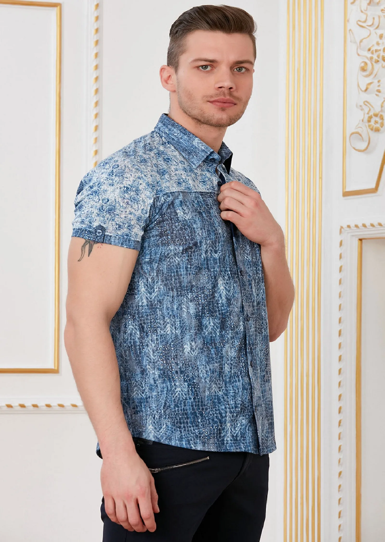 Blue Mix Print Short Sleeve Shirt