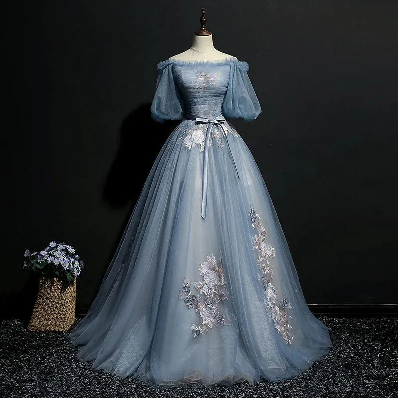 Blue Short Sleeves Long Tulle with Flower Applique Party Dress, Blue Sweet 16 Dress