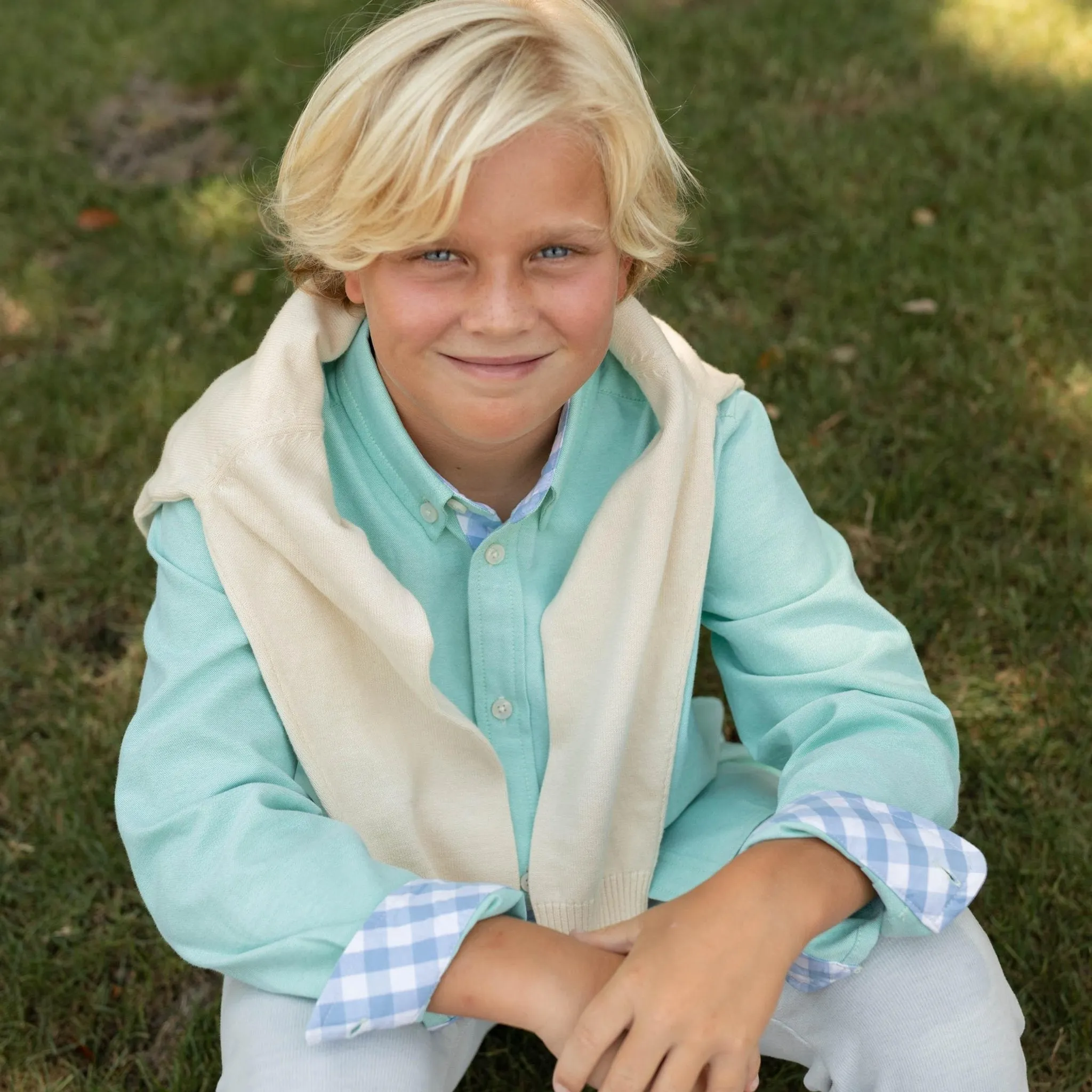 Brooks Button Down in Academy Green with Blue Gingham