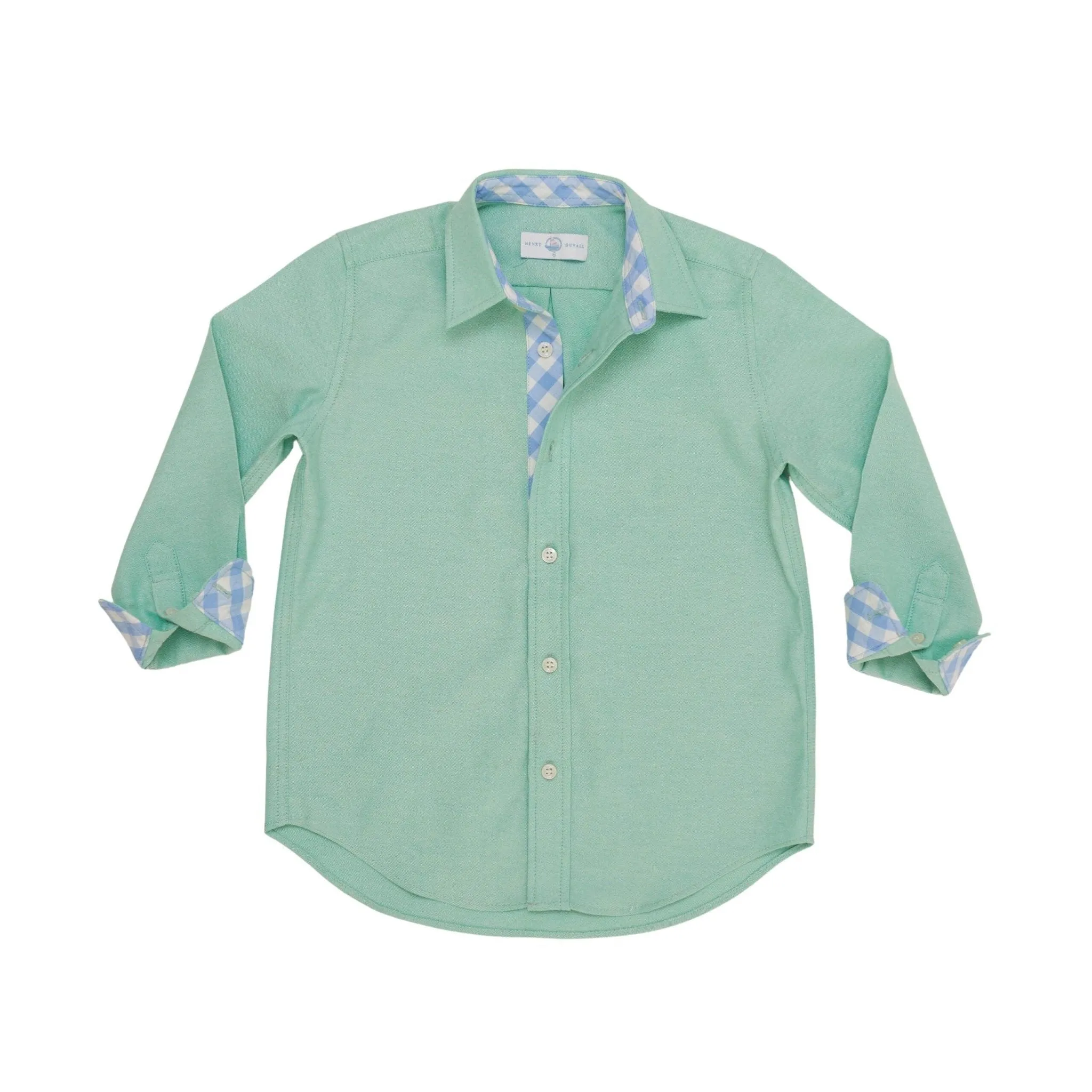 Brooks Button Down in Academy Green with Blue Gingham