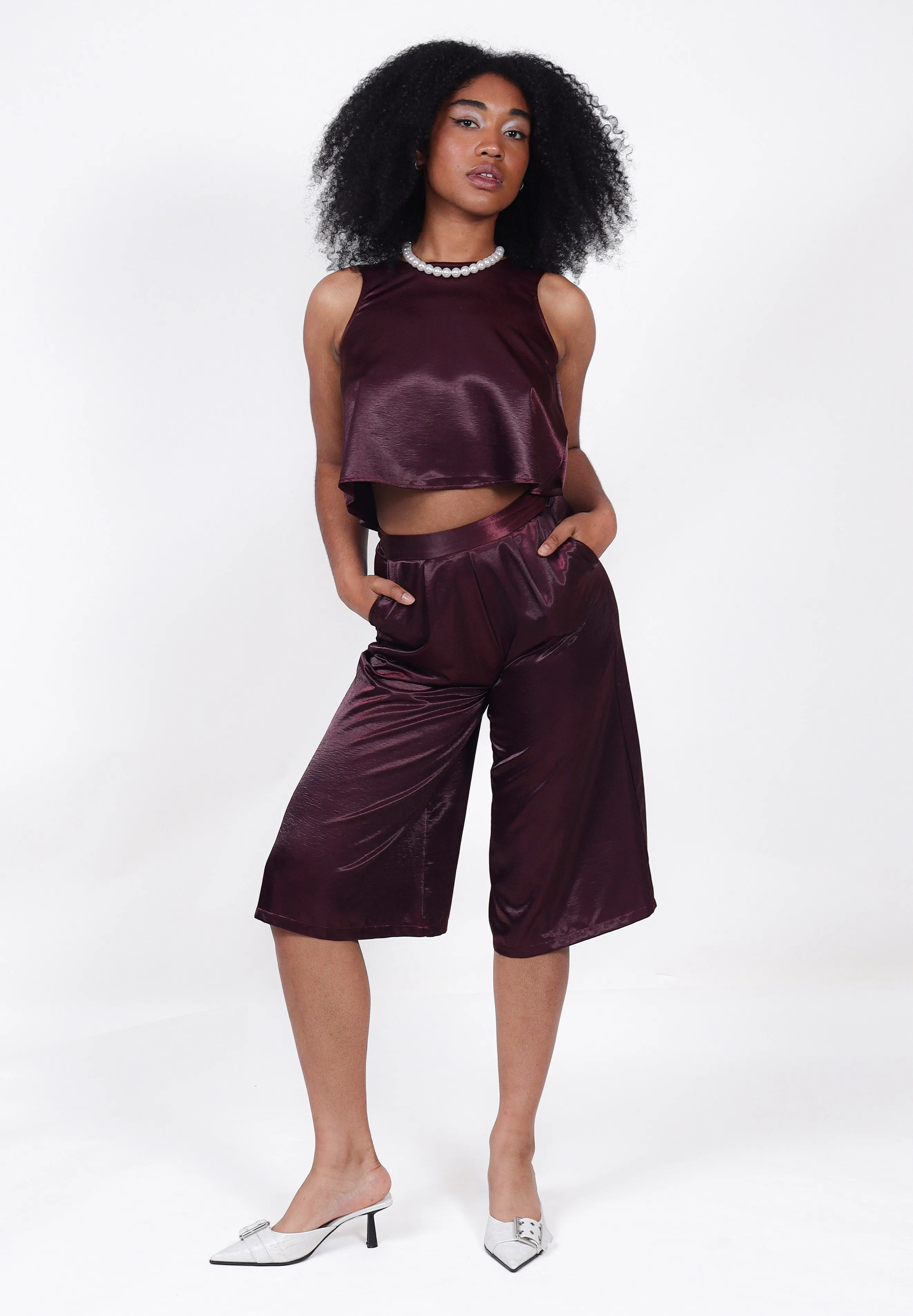 Burgundy Satin Co-Ord Culottes | Sepid