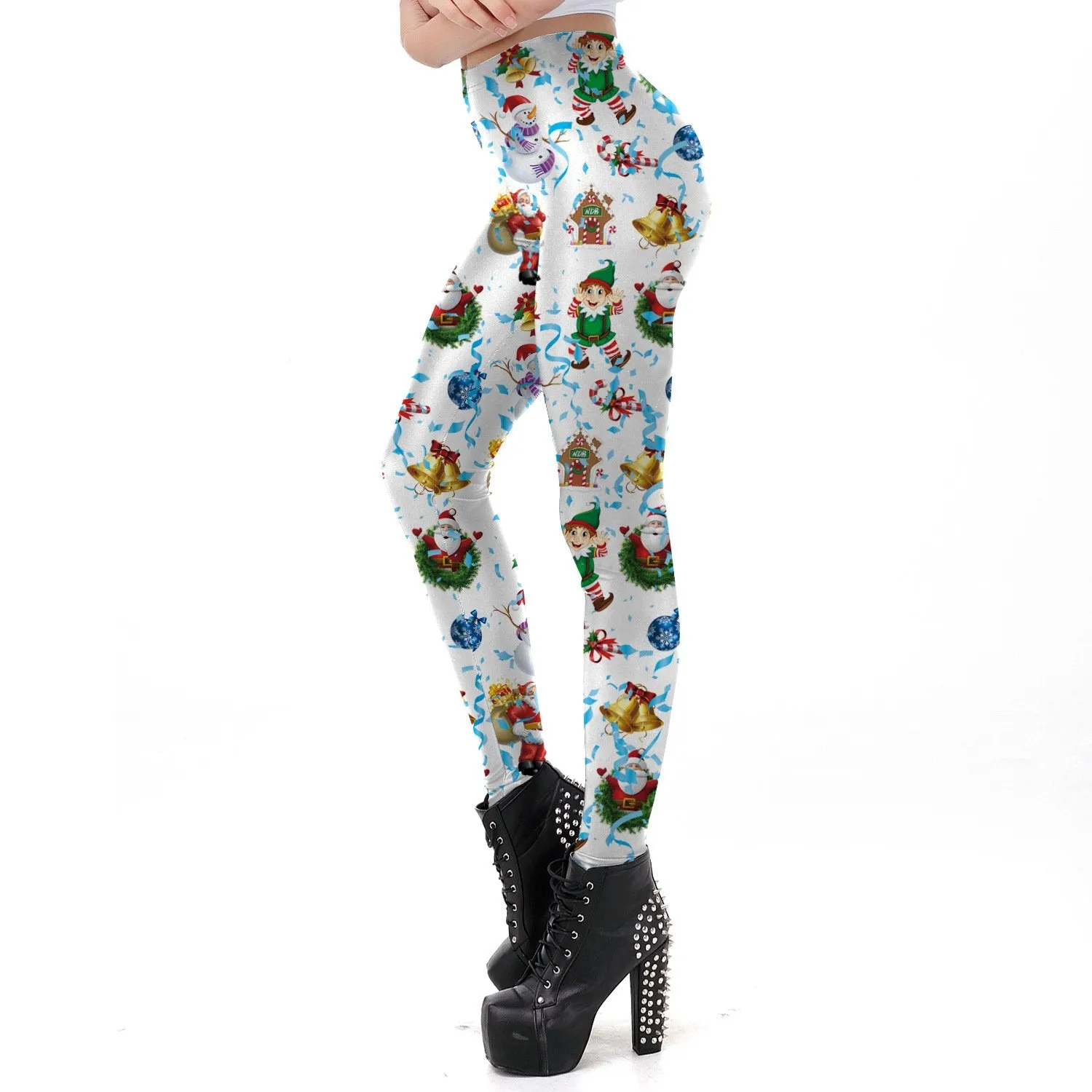 Cartoon Santa Claus Print Women Elastic Skinny Christmas Leggings