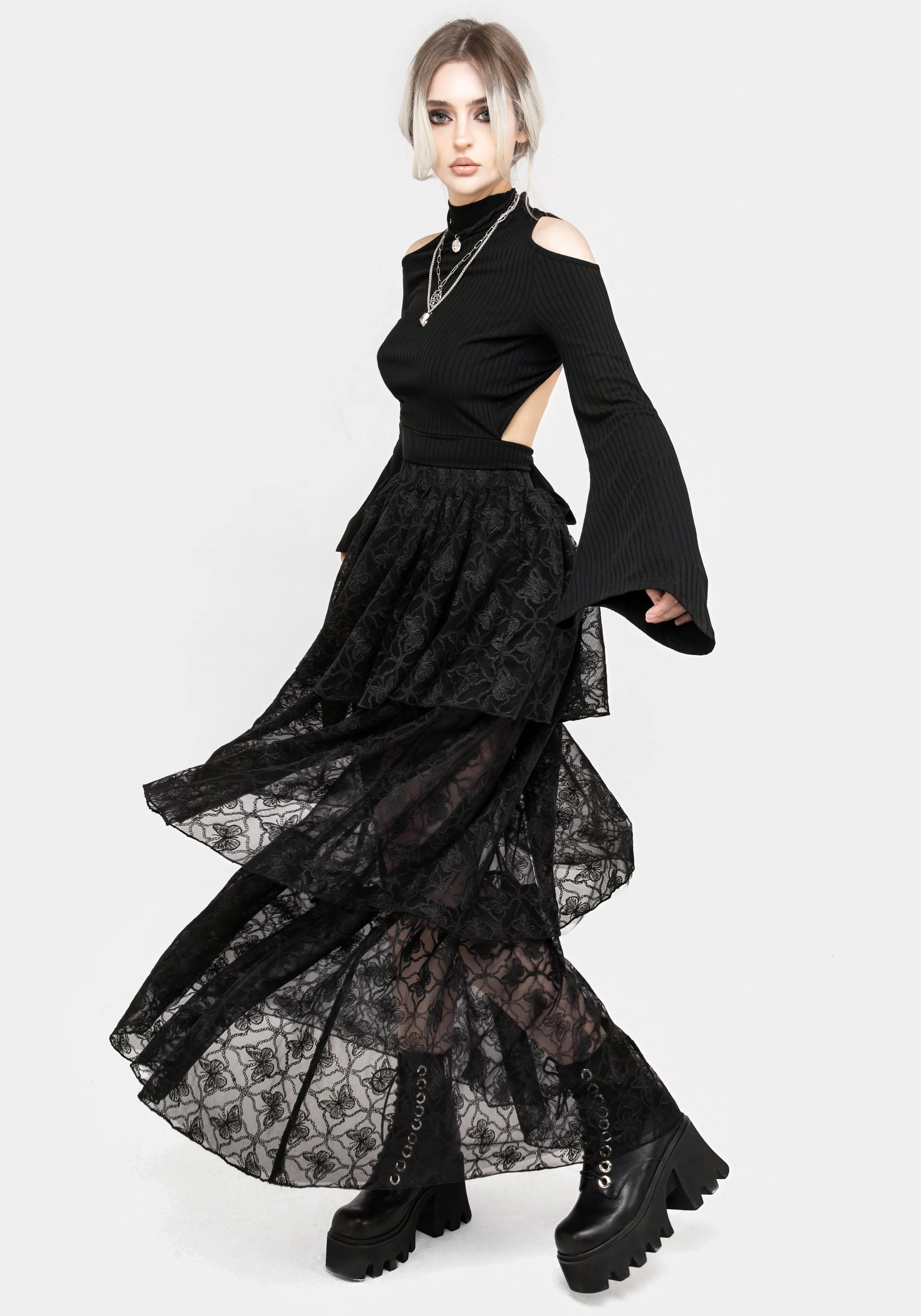 Chrysalis Butterfly Lace Tiered Maxi Skirt