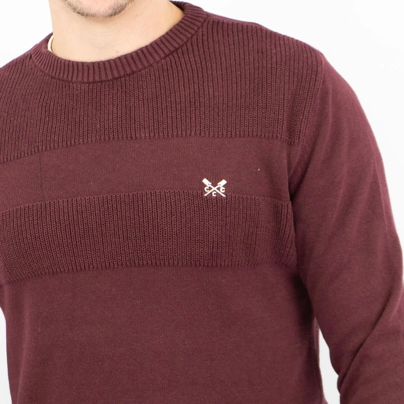 Crew Clothing Mens Rib Knitted Jumper Long Sleeve Burgundy