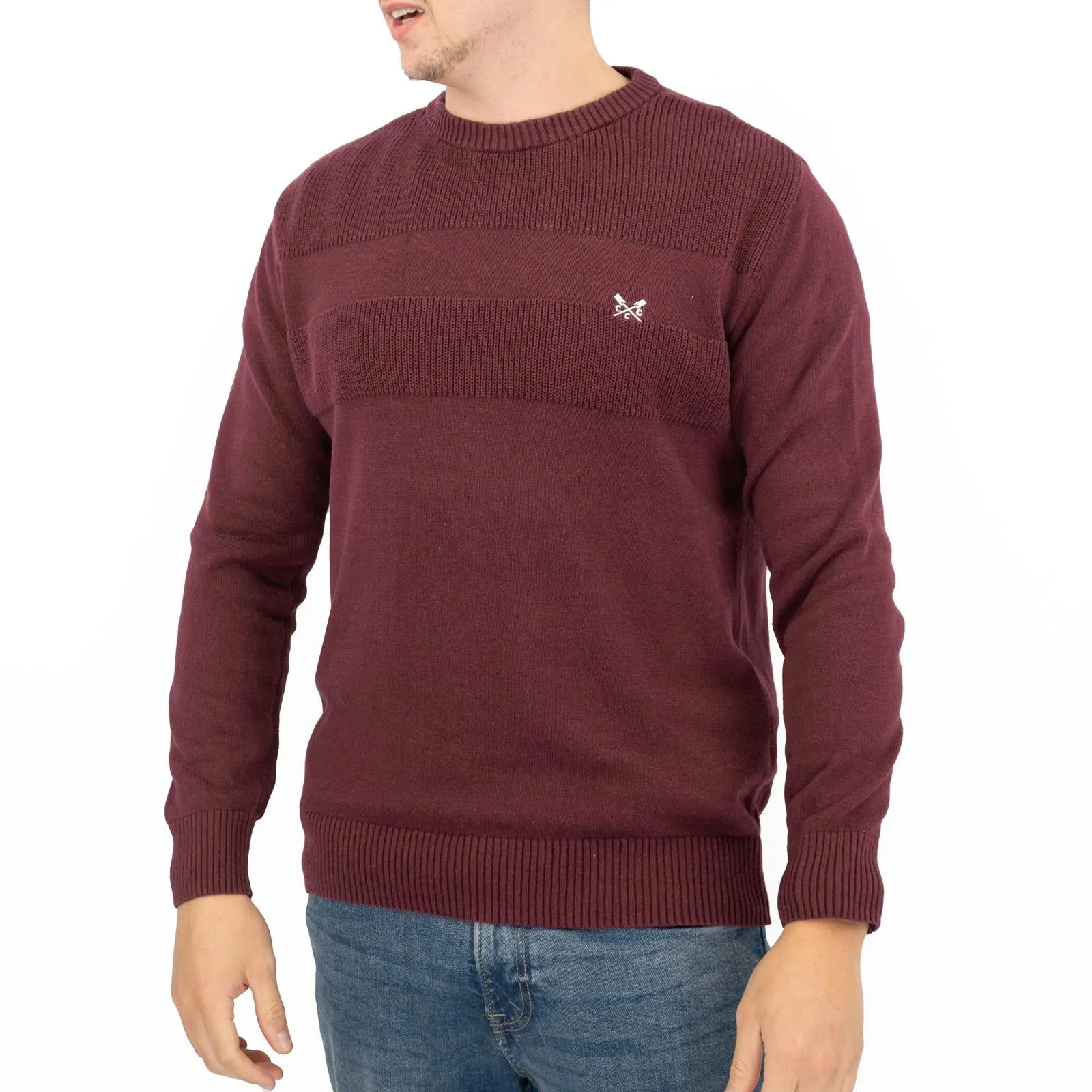 Crew Clothing Mens Rib Knitted Jumper Long Sleeve Burgundy