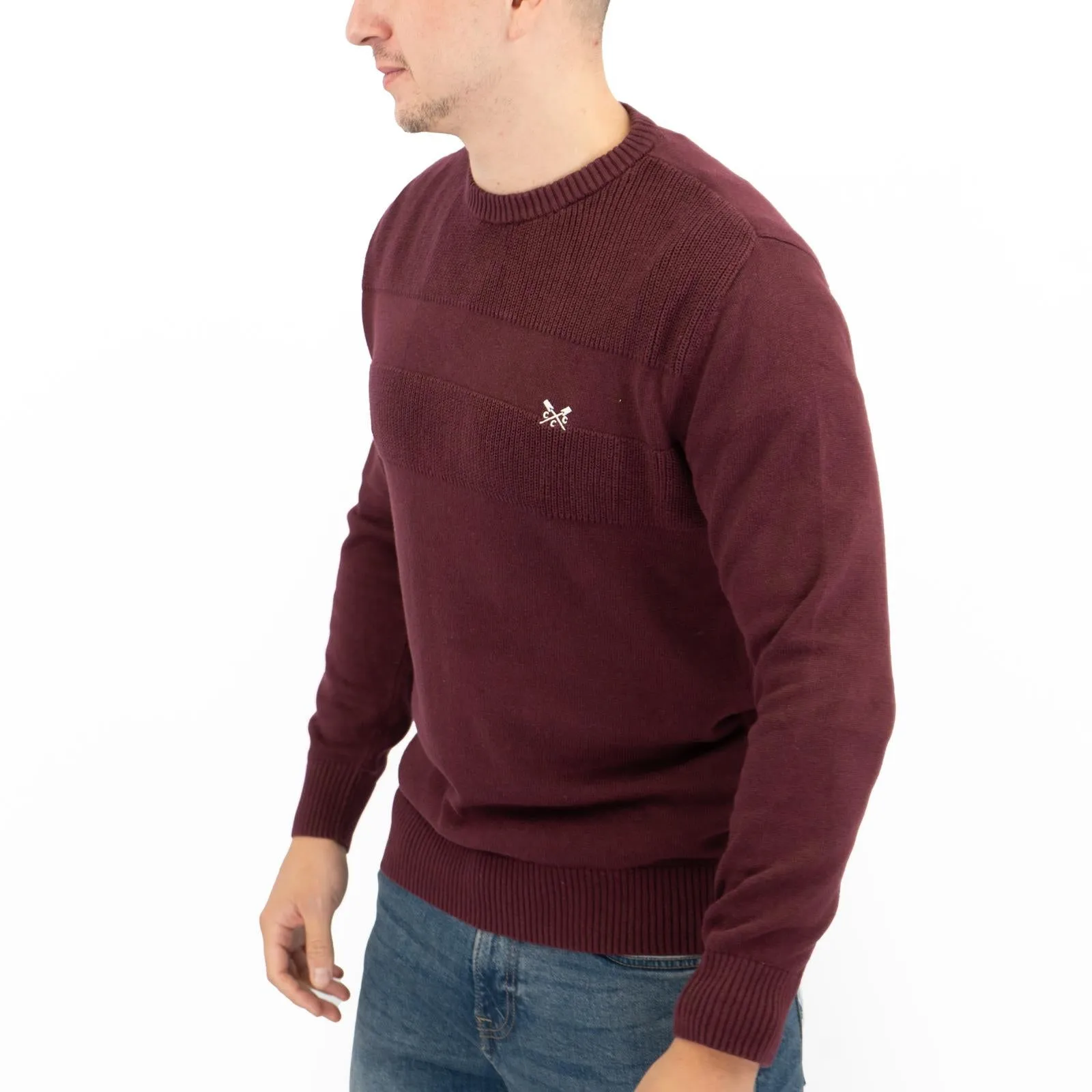 Crew Clothing Mens Rib Knitted Jumper Long Sleeve Burgundy