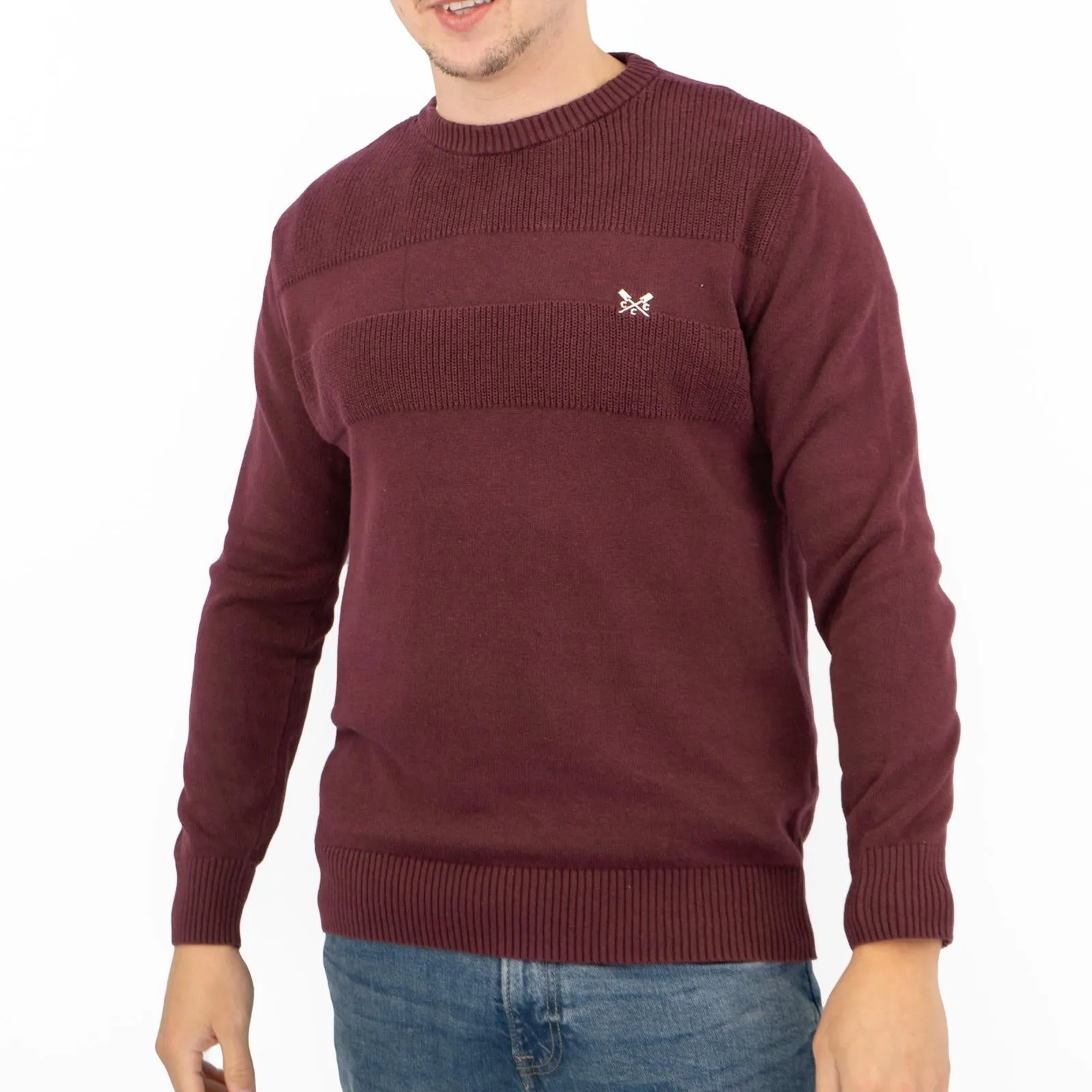 Crew Clothing Mens Rib Knitted Jumper Long Sleeve Burgundy