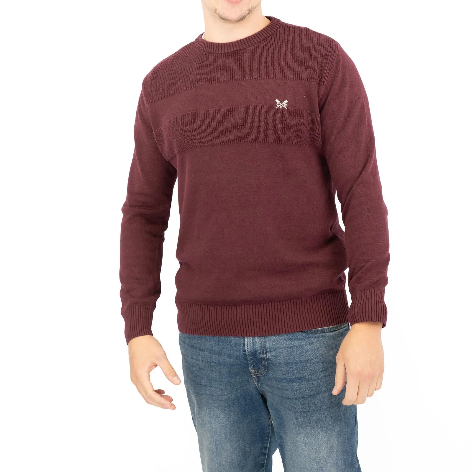 Crew Clothing Mens Rib Knitted Jumper Long Sleeve Burgundy