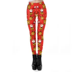 Cute Reindeer Santa Claus Print Women Christmas Party Skinny Leggings