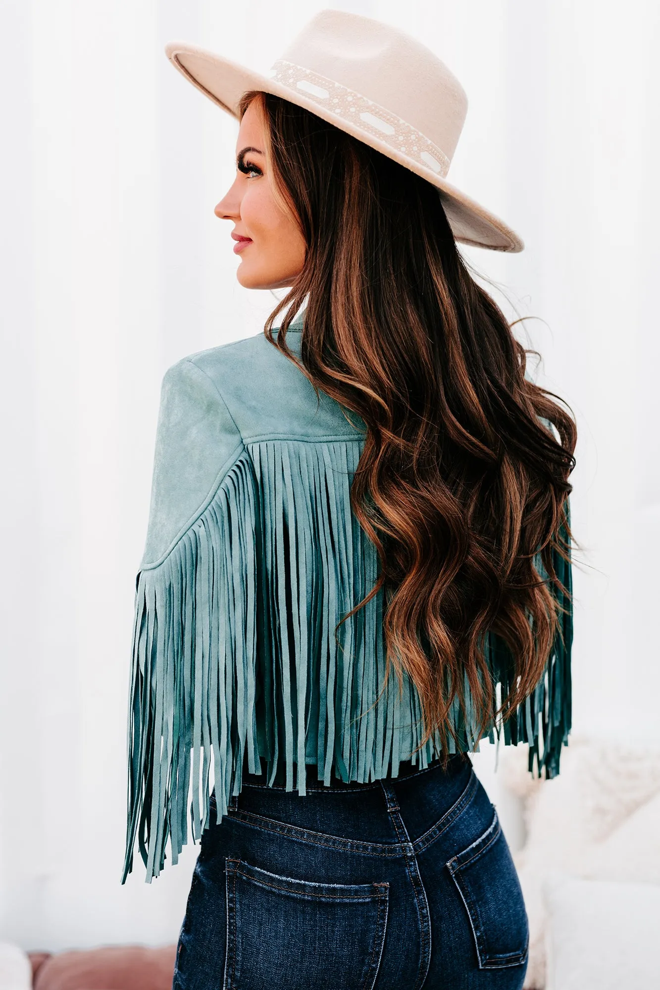 Daring Delight Faux Suede Fringe Jacket (Teal)