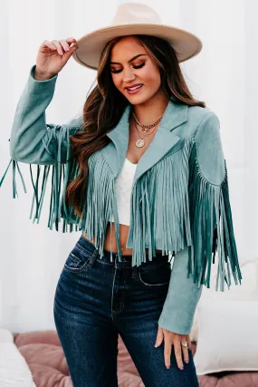 Daring Delight Faux Suede Fringe Jacket (Teal)