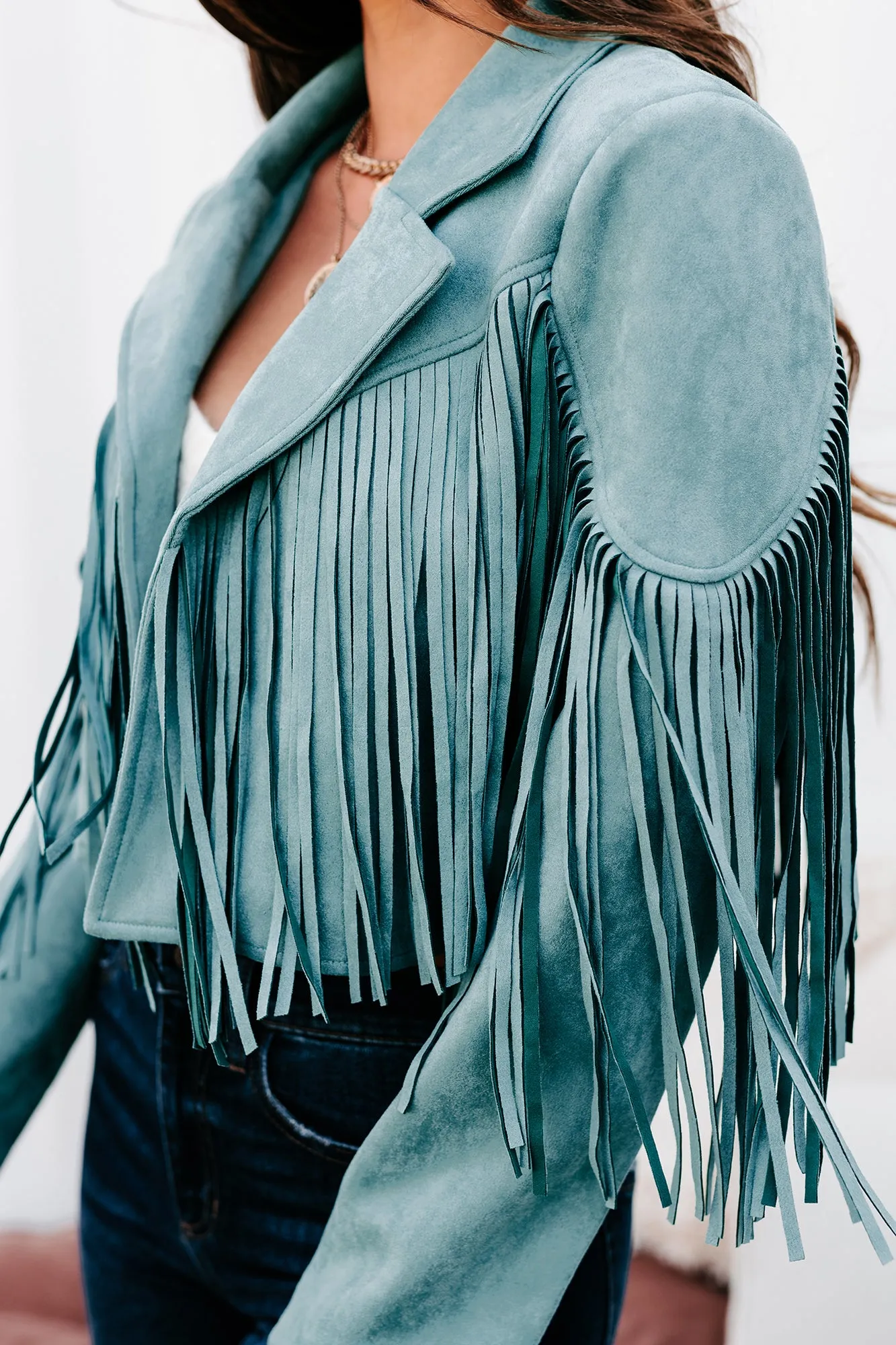 Daring Delight Faux Suede Fringe Jacket (Teal)