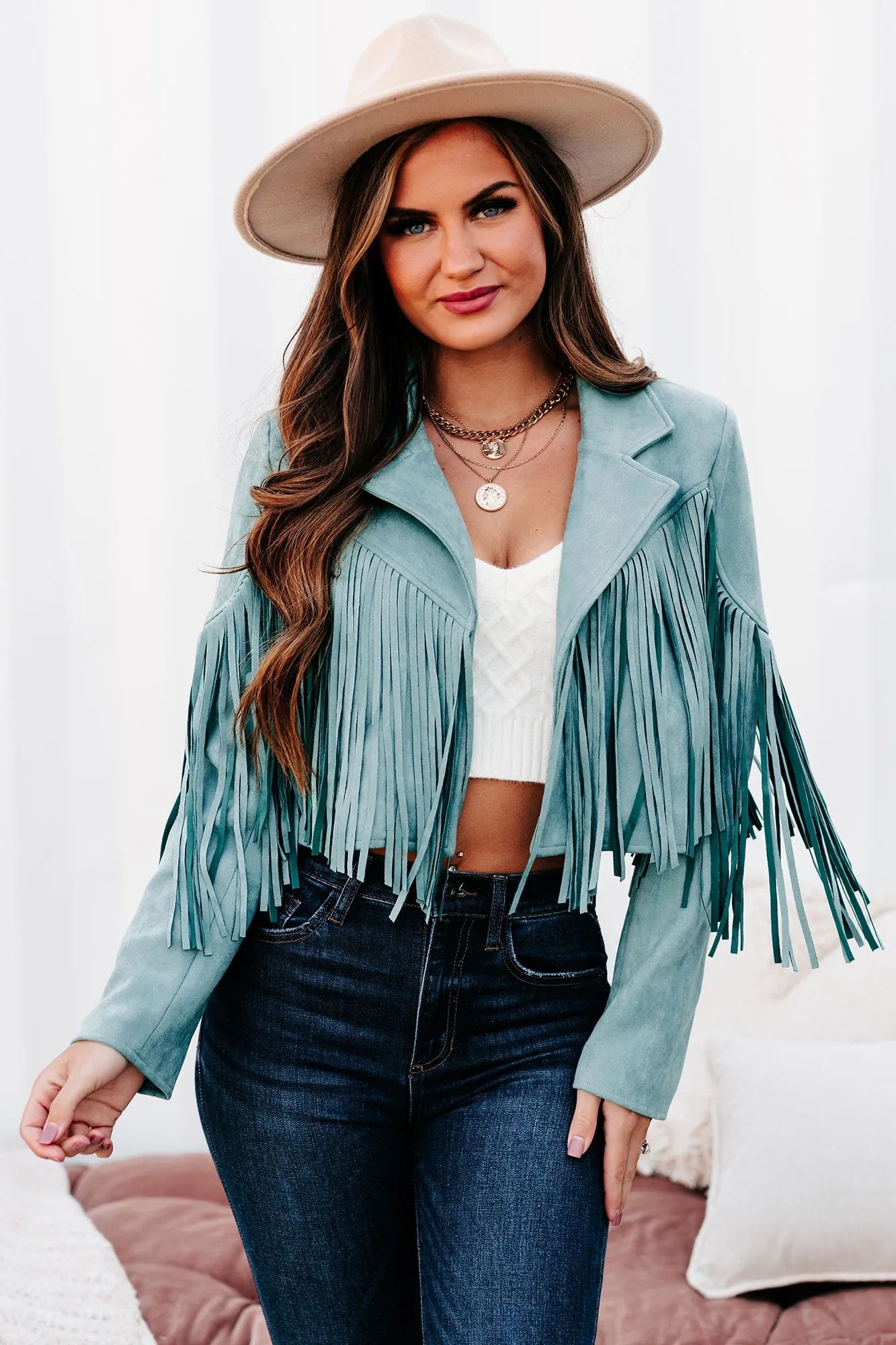 Daring Delight Faux Suede Fringe Jacket (Teal)