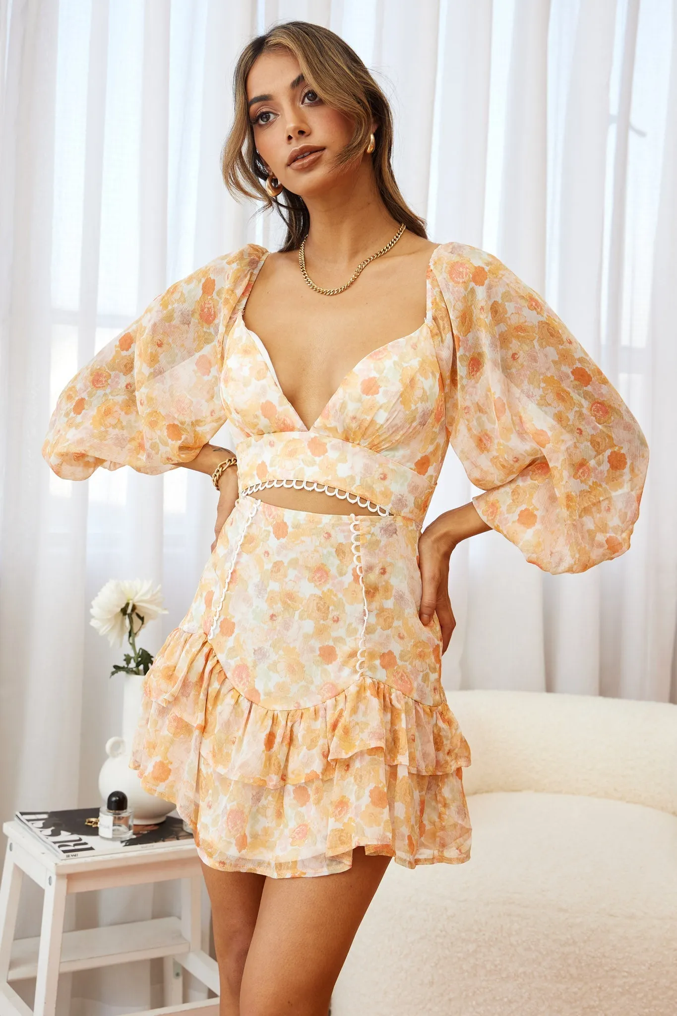 Dearly Beloved Balloon Sleeve Layered Frill Hem Dress Floral Print Orange