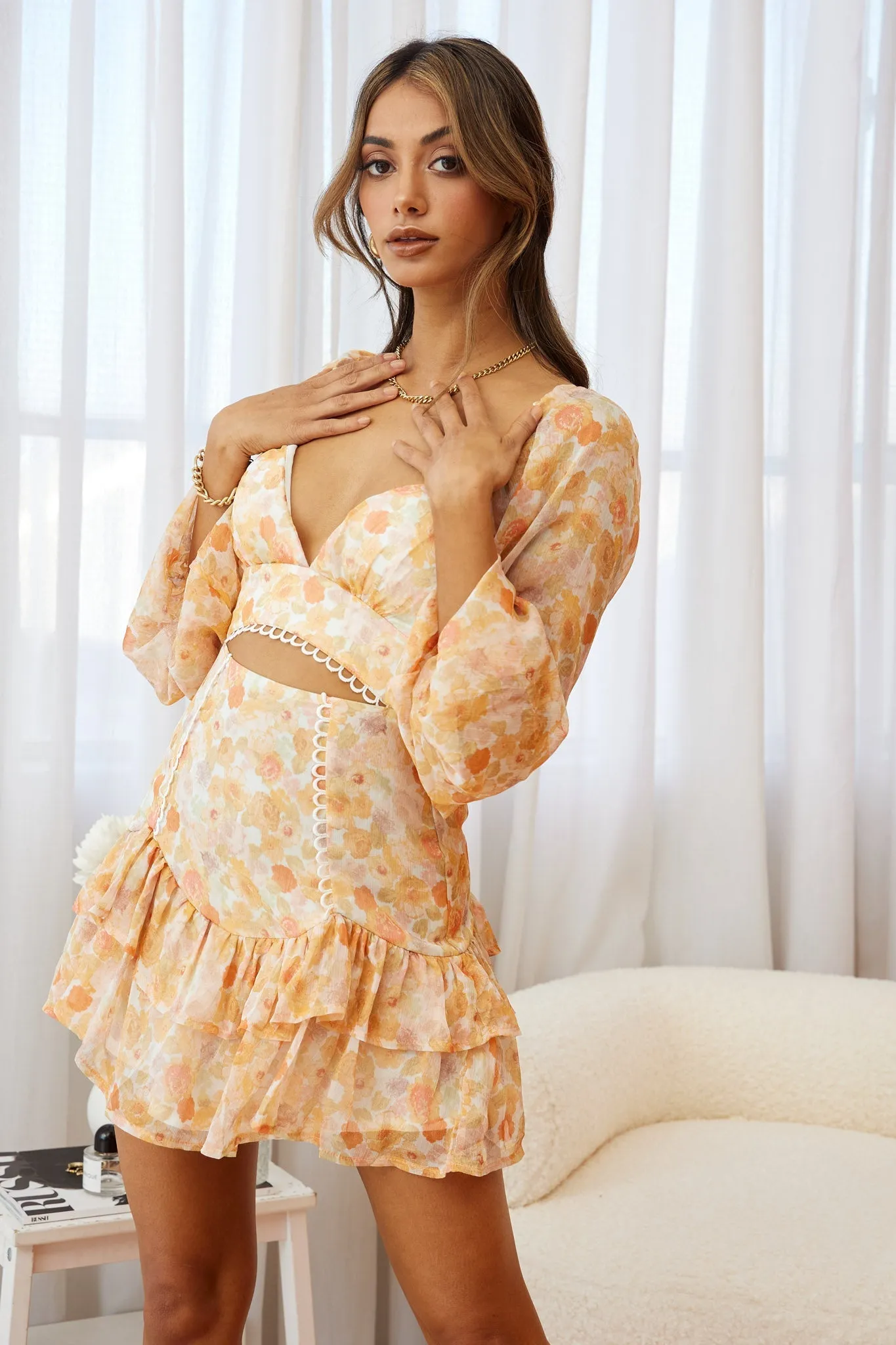 Dearly Beloved Balloon Sleeve Layered Frill Hem Dress Floral Print Orange