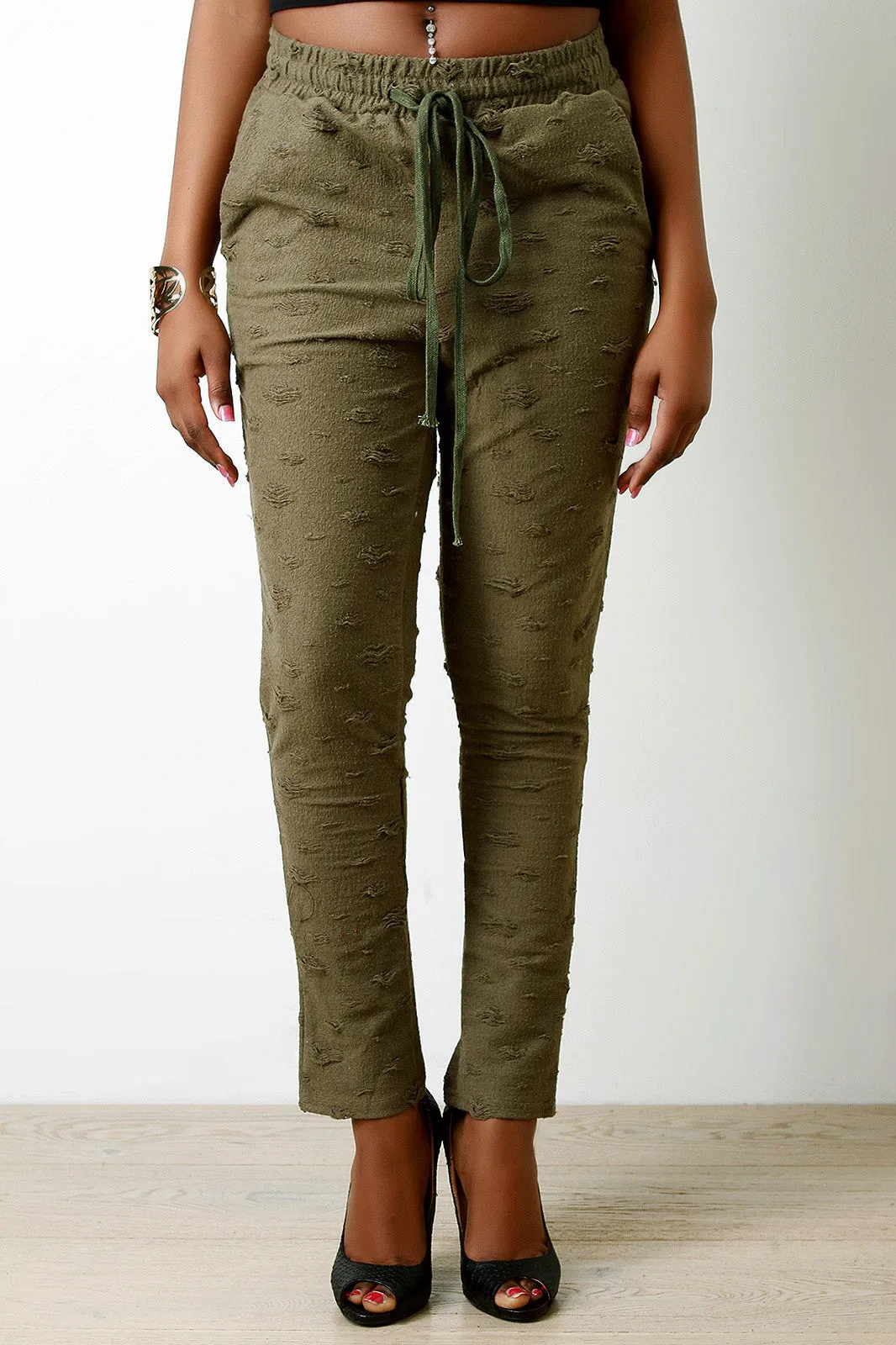 Distressed Self-Tie Drawstring Joggers