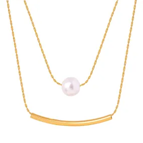 Double Layered Gold Chain With Pearl Pendant Necklace