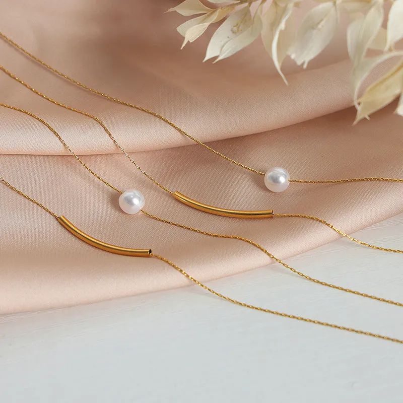 Double Layered Gold Chain With Pearl Pendant Necklace