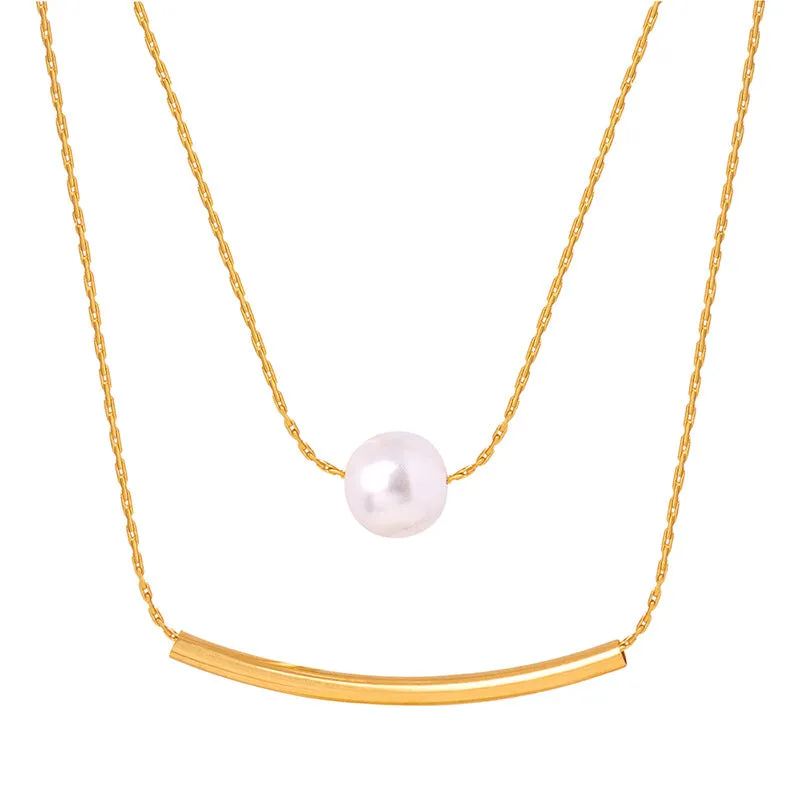 Double Layered Gold Chain With Pearl Pendant Necklace