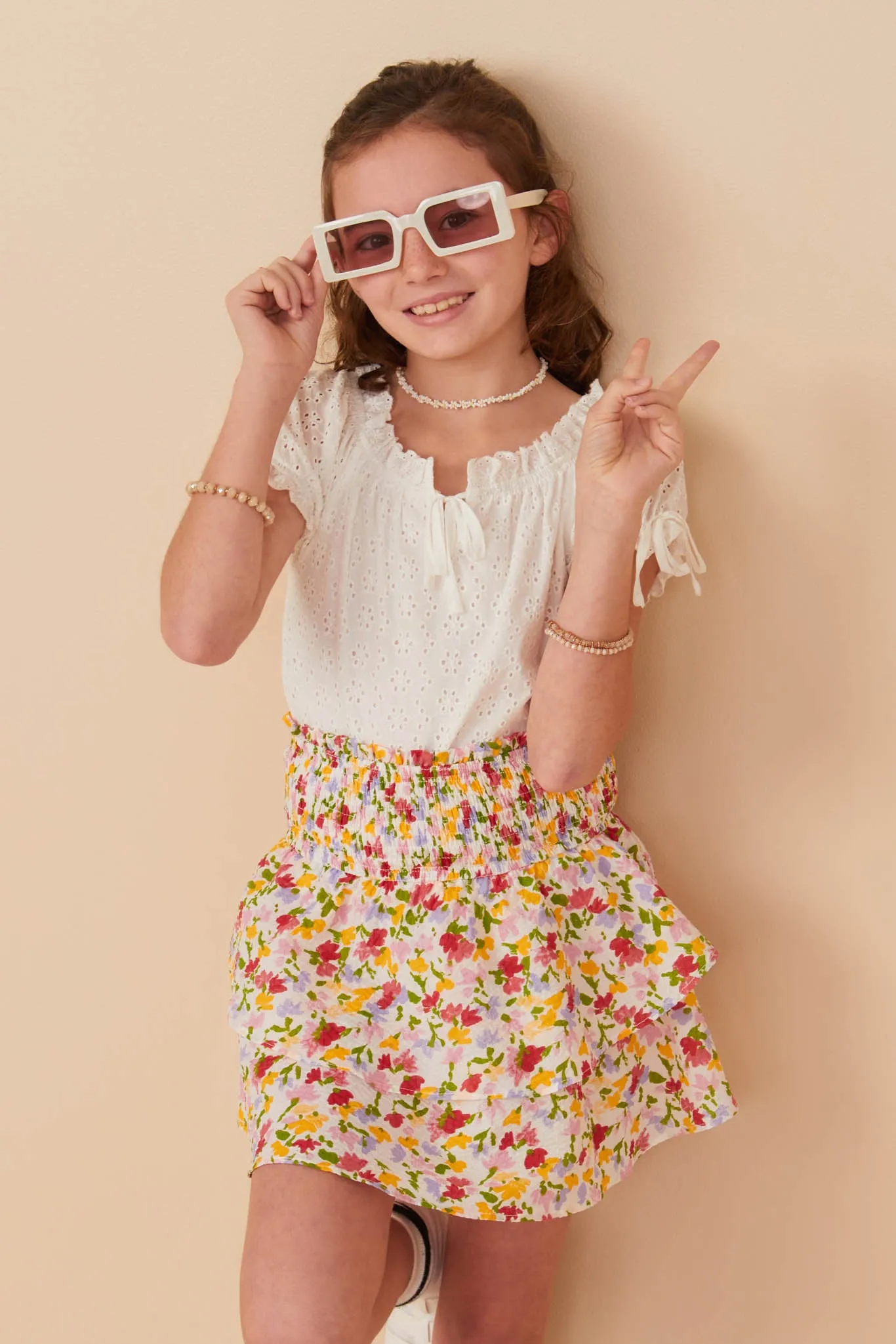 Floral Textured Smocked Waist Layered Skirt