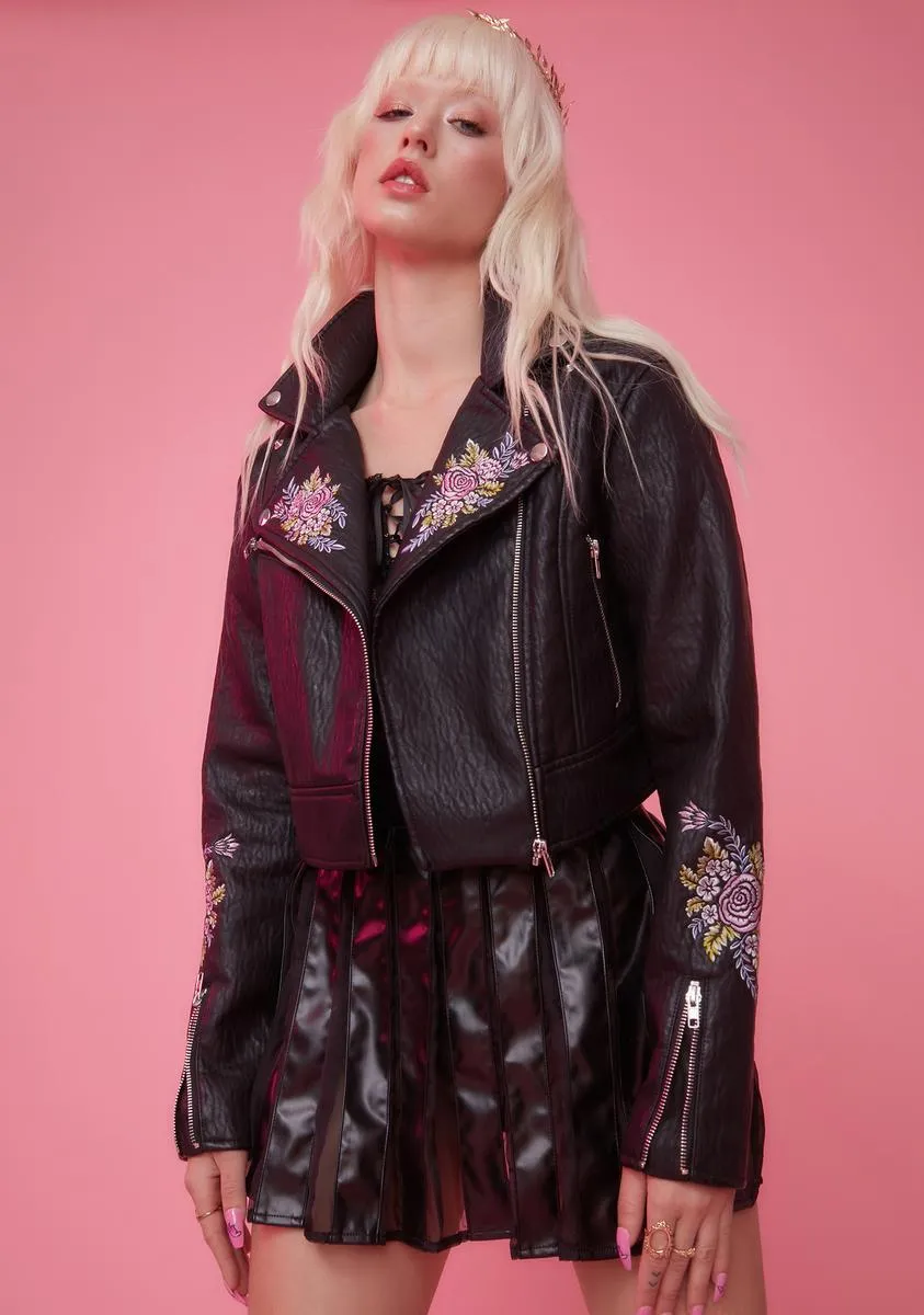 Gaia's Daughter Floral Embroidered Moto Jacket