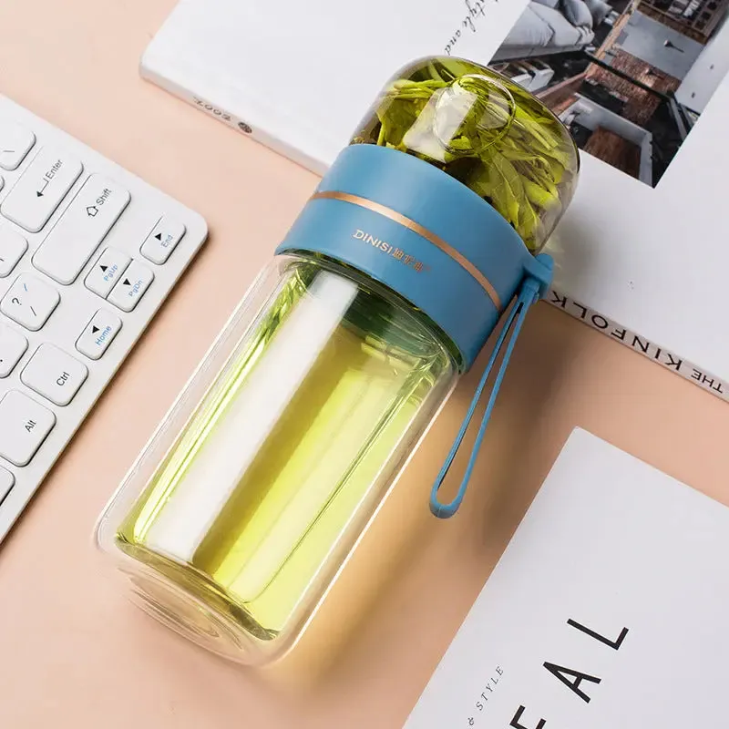 Glass Water Bottle with Tea Infuser Filter Tea Separation Double Wall Glass Bottle Leakproof Water Bottle