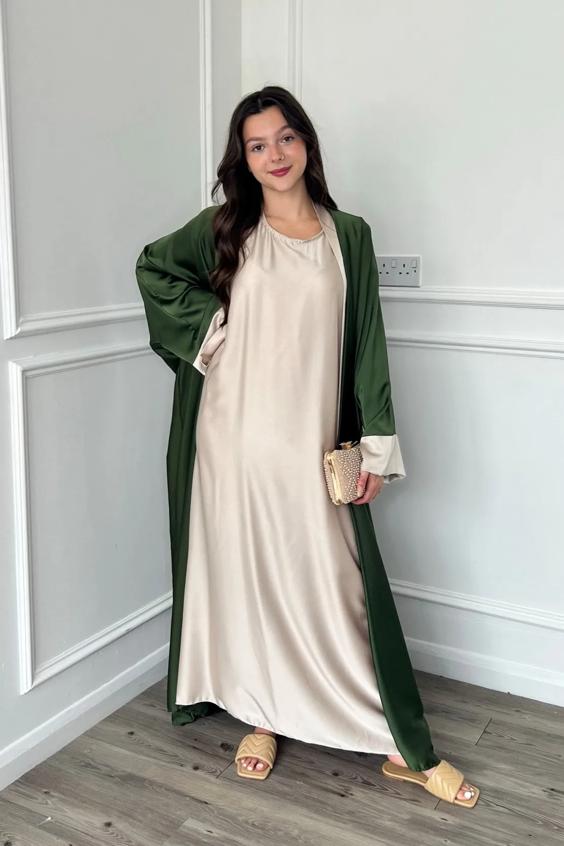 Gold Trim Abaya - Khaki