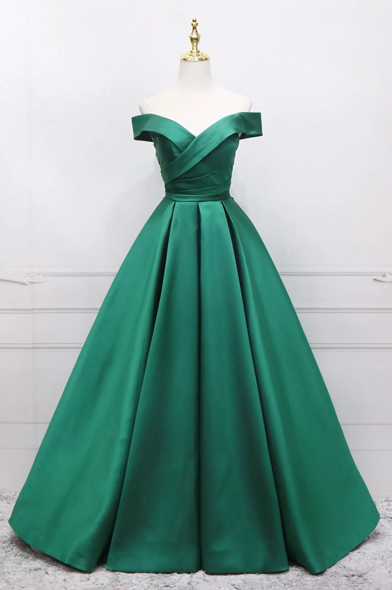 Green Satin Long Prom Dress, Off the Shoulder Evening Party Dress