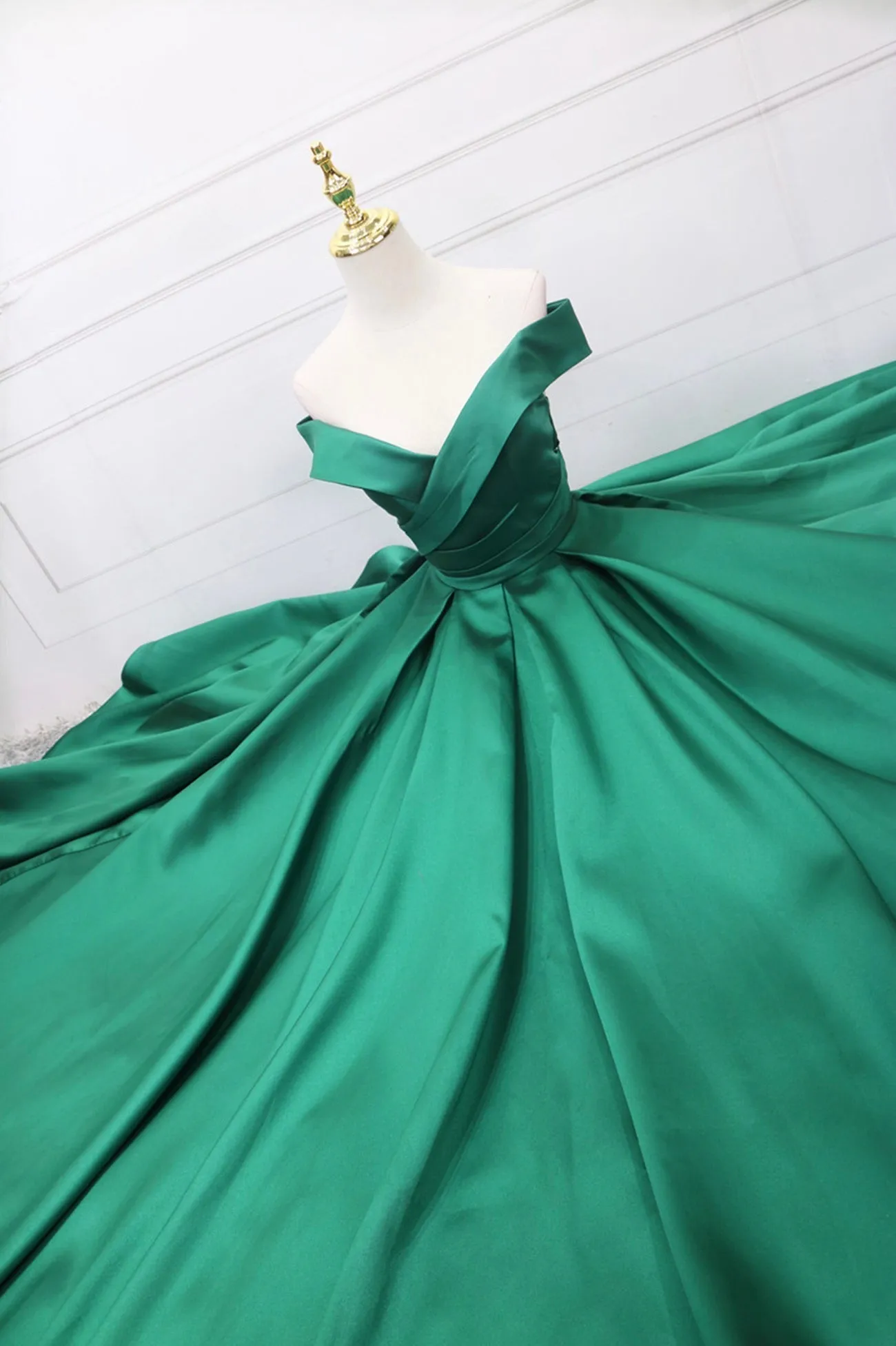 Green Satin Long Prom Dress, Off the Shoulder Evening Party Dress