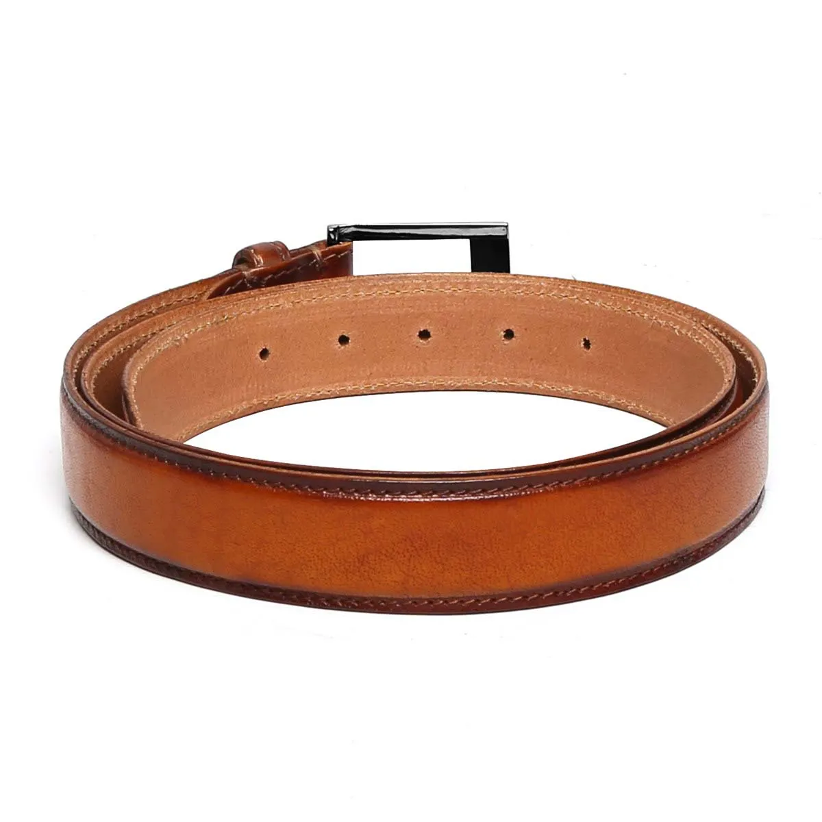 Hand Painted Leather Formal Belt in Tan With Gun Metal Square Buckle