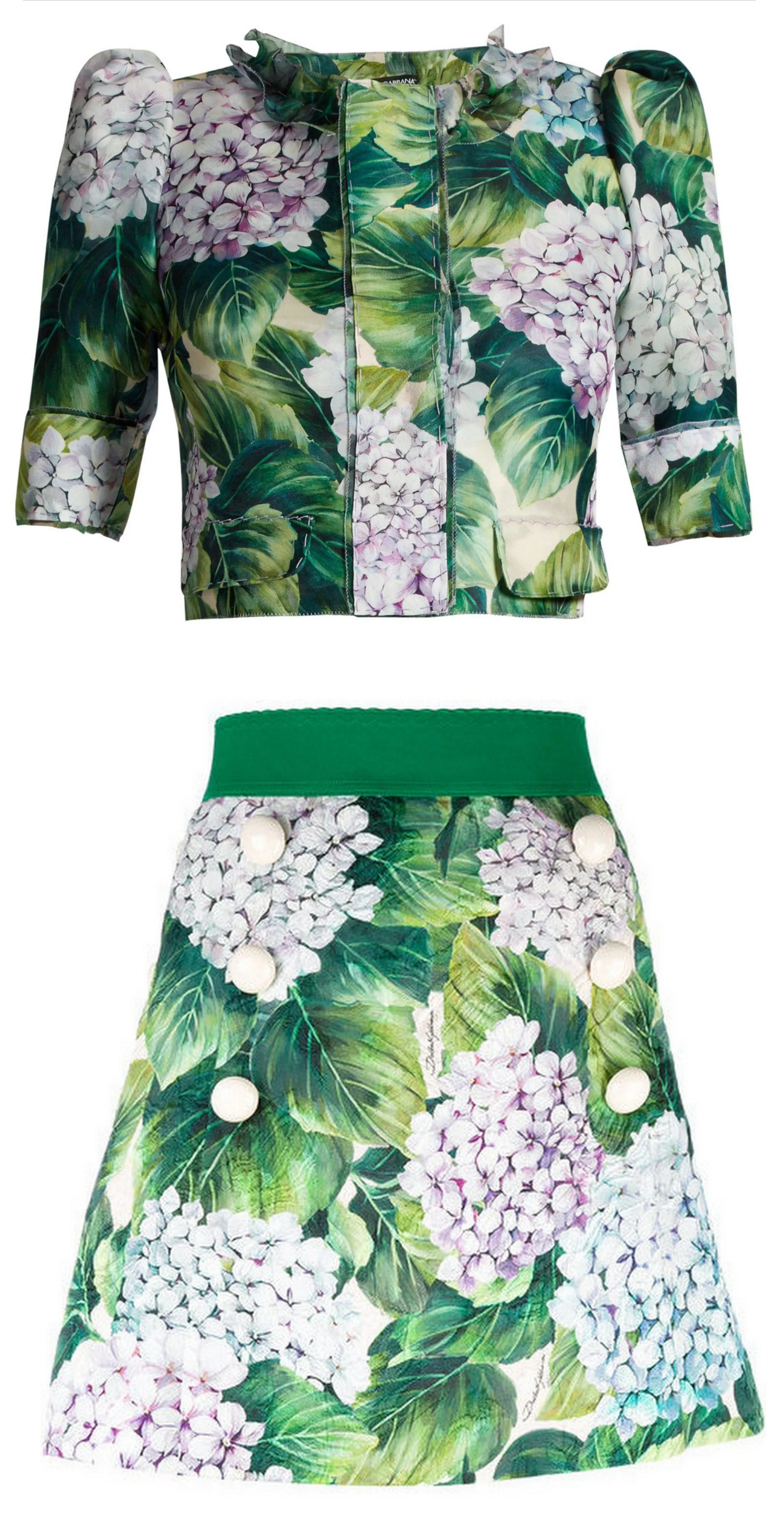 Hydrangea-Print Organza Cropped Jacket & Skirt Set