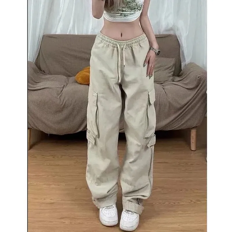 KittenAlarm - American Y2K White Vintage Cargo Jeans Fashion Pocket High Waist Straight Pants High Street Baggy Wide Leg Denim Trouser Ladies