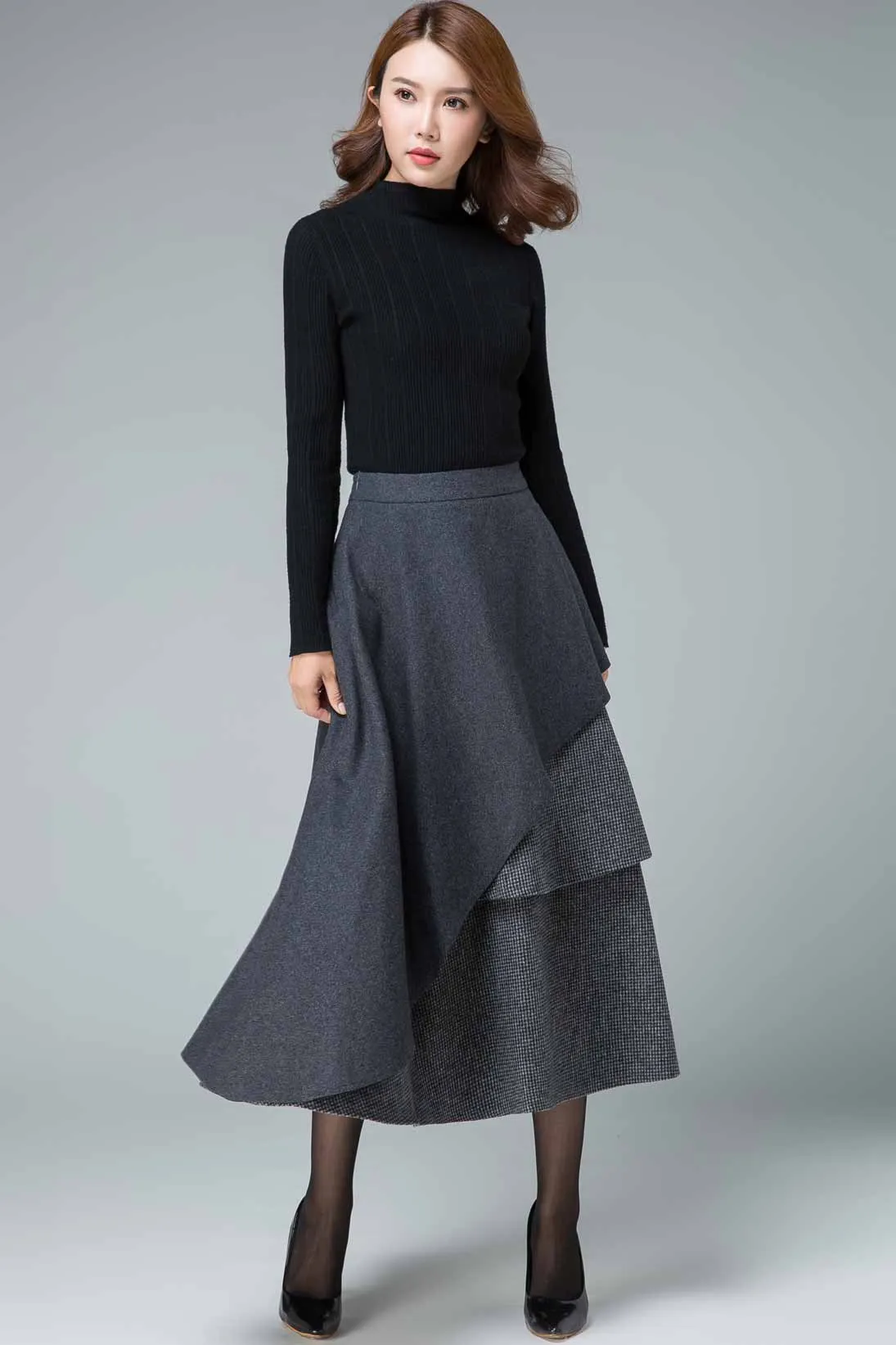 layered maxi wool skirt, Party skirt 1833#