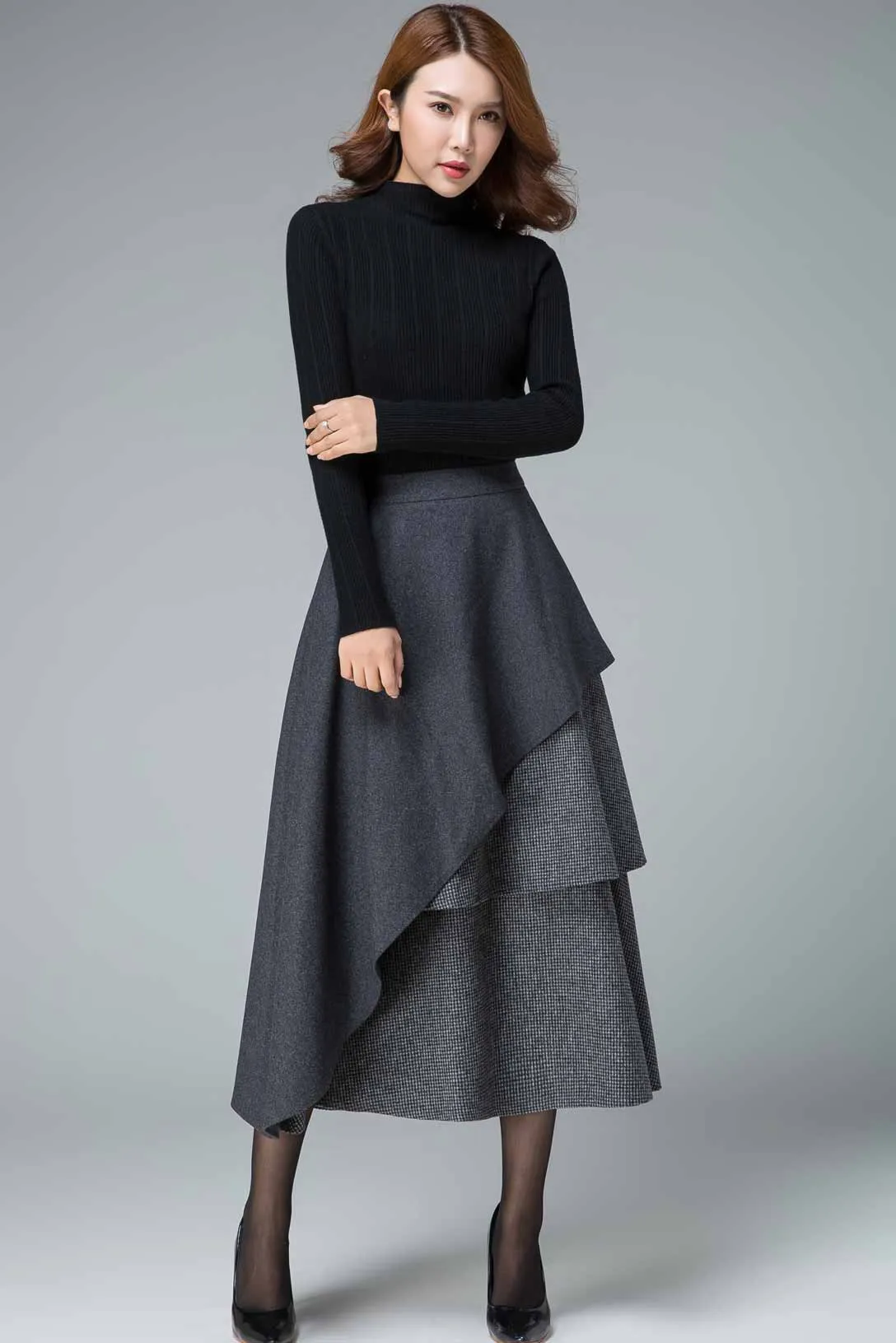 layered maxi wool skirt, Party skirt 1833#