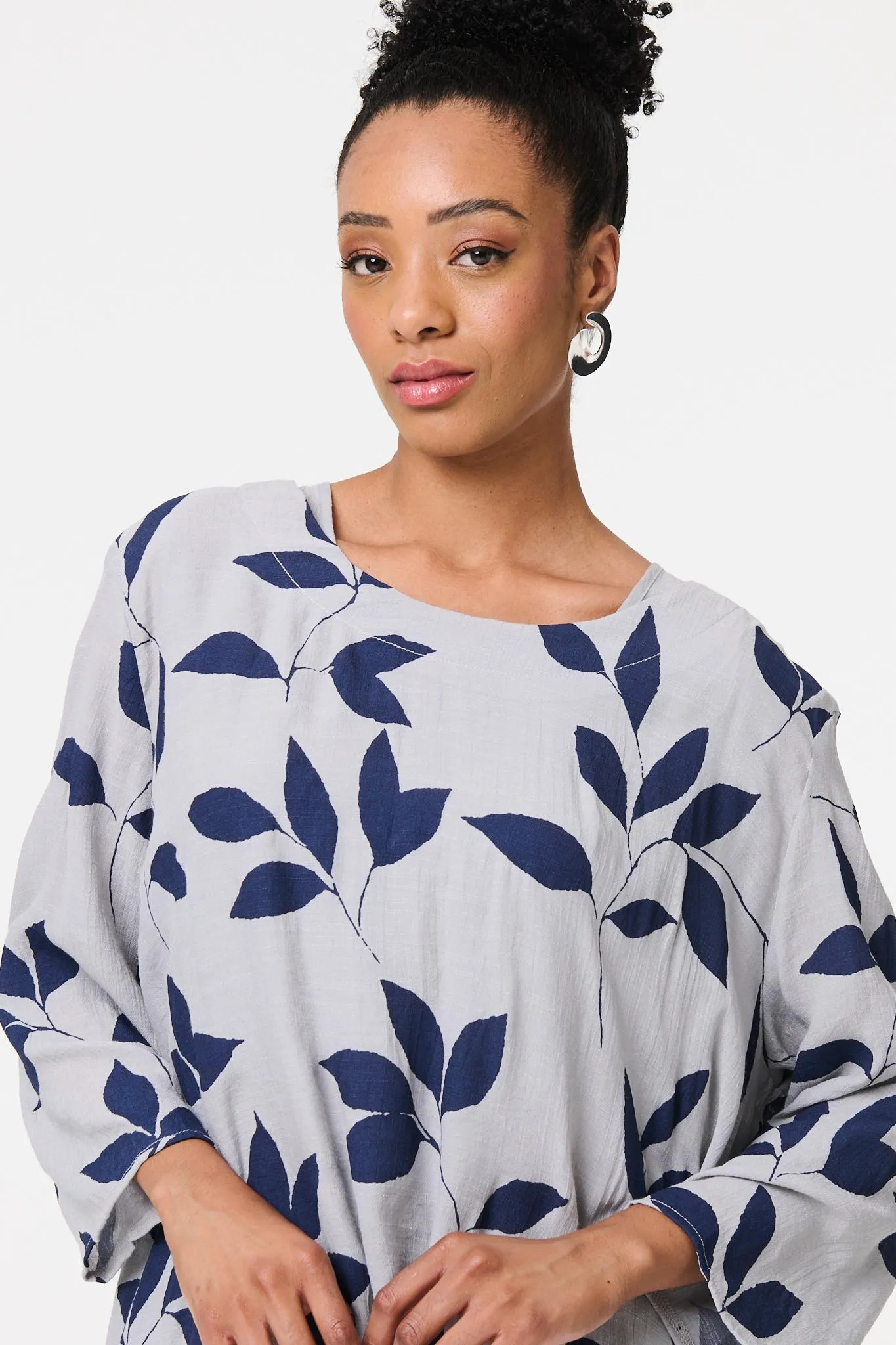 Leaf Print Longline Layered Tunic Blouse