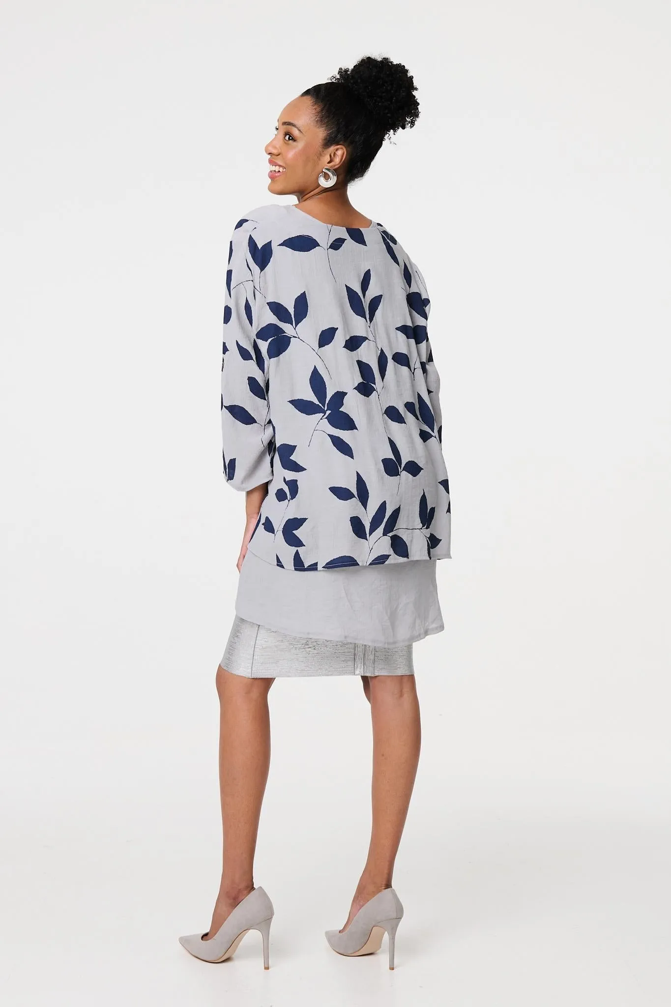 Leaf Print Longline Layered Tunic Blouse