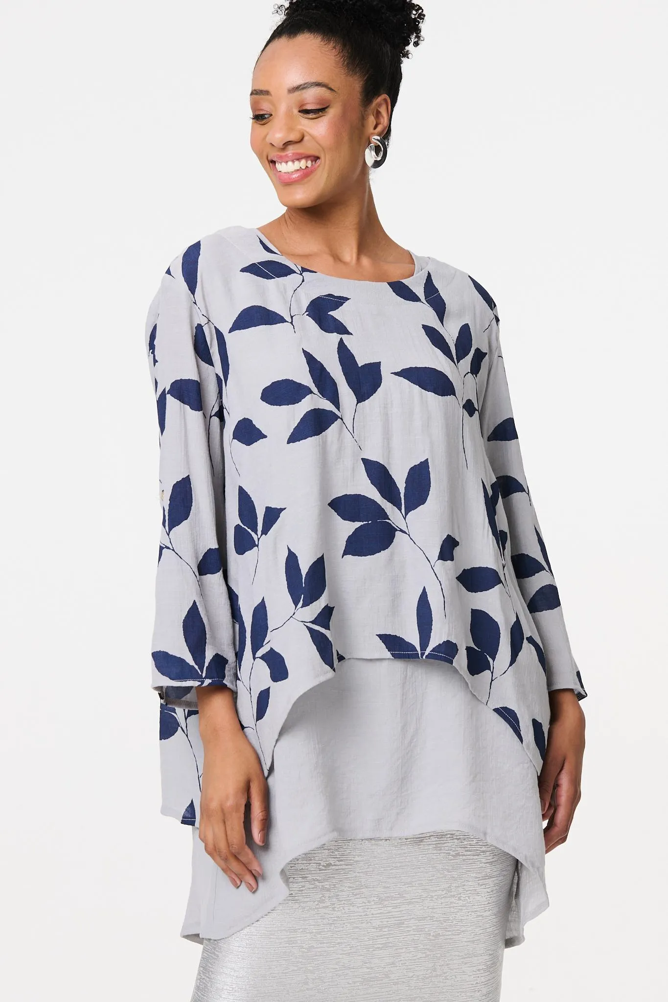 Leaf Print Longline Layered Tunic Blouse