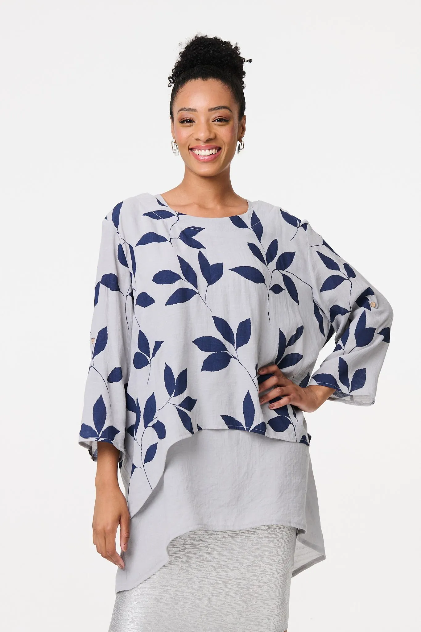 Leaf Print Longline Layered Tunic Blouse